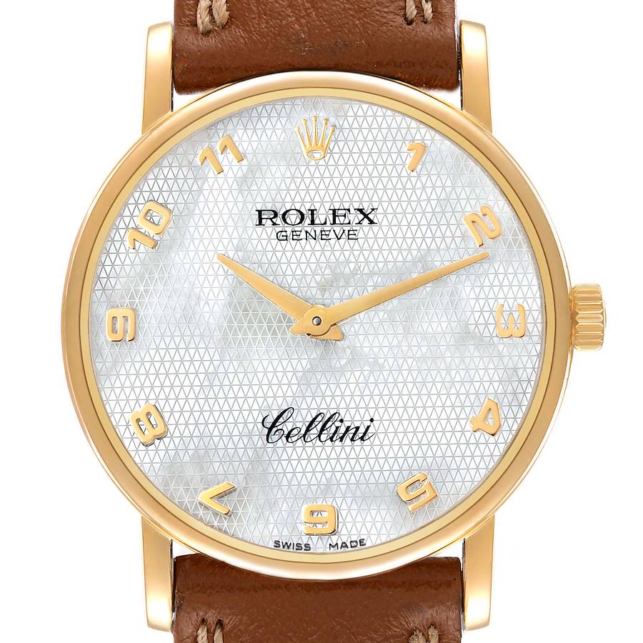 Rolex Cellini Classic Yellow Gold MOP Dial Brown Strap Watch 5115 Card SwissWatchExpo