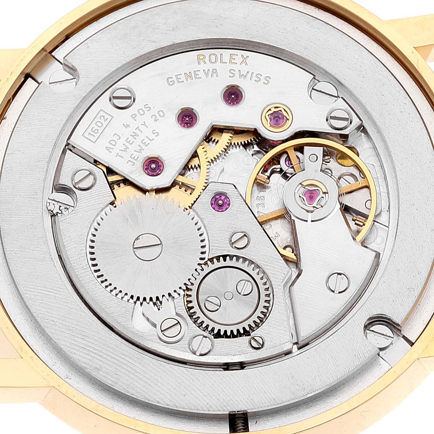 This image shows the internal mechanical movement of a Rolex Cellini 5115 Women's Yellow Gold Mother of Pearl Dial 5115 Women's Yellow Gold Mother of Pearl Dial model, viewed from the back case.