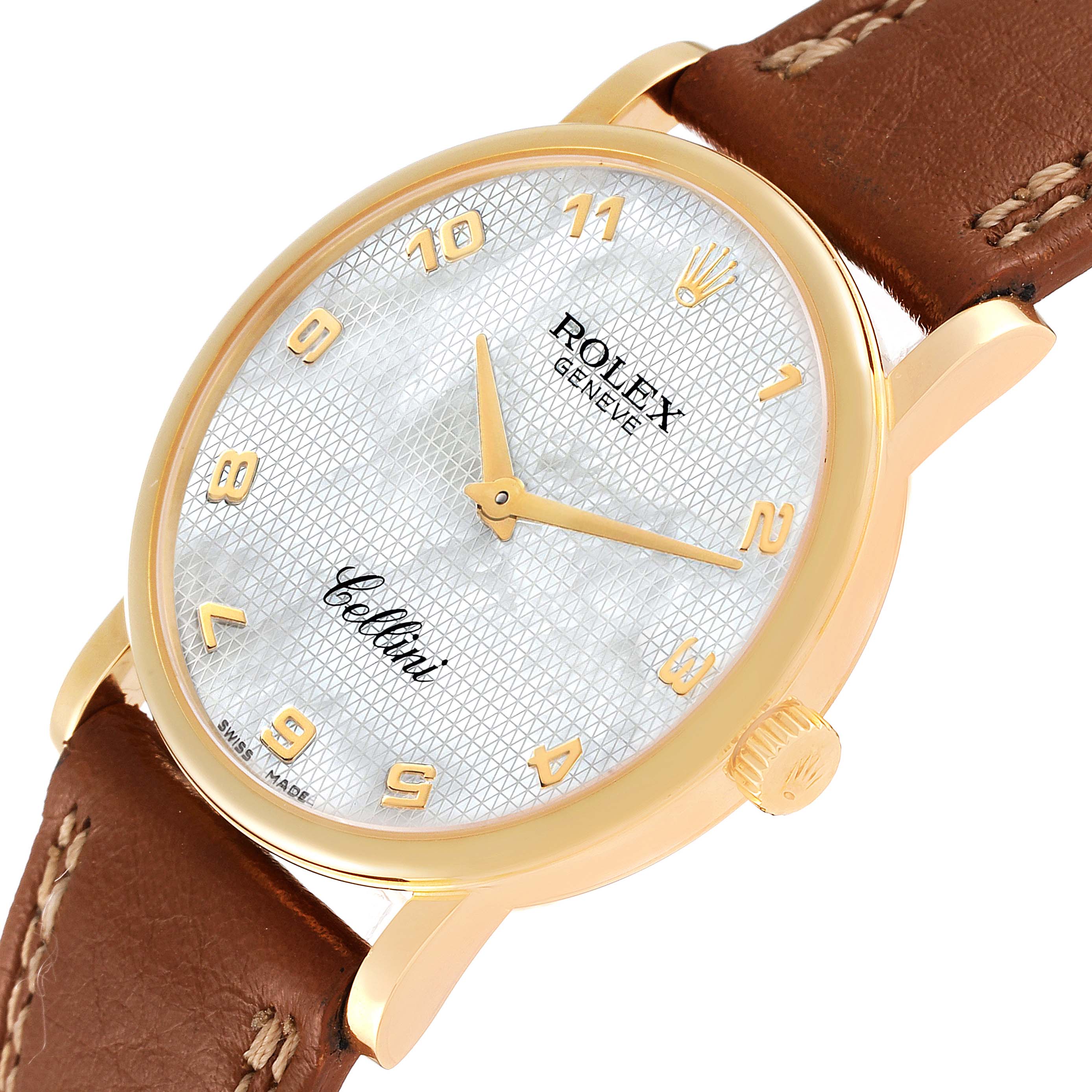 The image shows a gold Rolex Cellini 5115 Women's Yellow Gold Mother of Pearl Dial 5115 Women's Yellow Gold Mother of Pearl Dial watch from a front angle, highlighting its dial and brown leather strap.