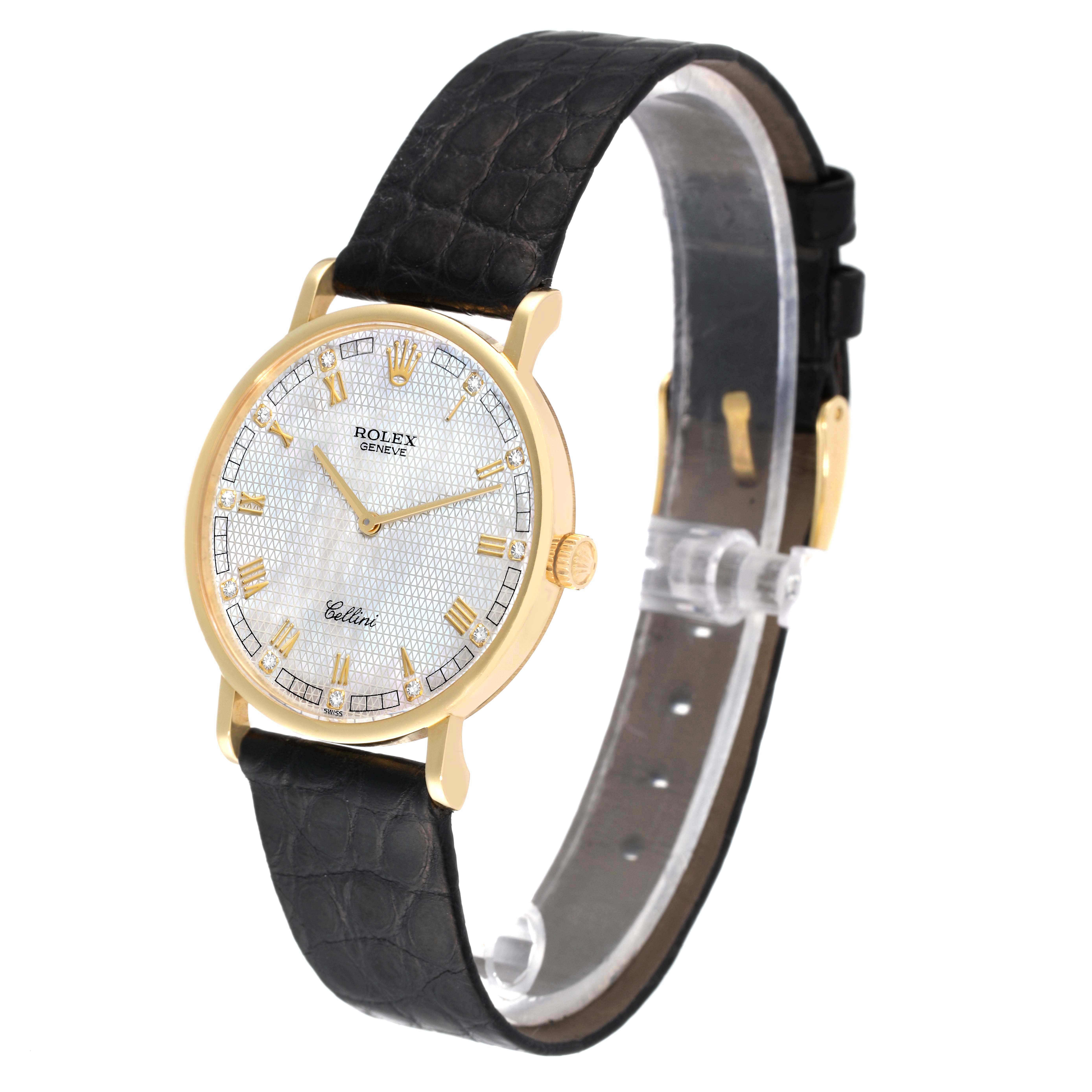 The Rolex Cellini 5112 Women's Yellow Gold Mother of Pearl Dial 5112 Women's Yellow Gold Mother of Pearl Dial watch is shown at a three-quarter angle, displaying its face, band, and crown.