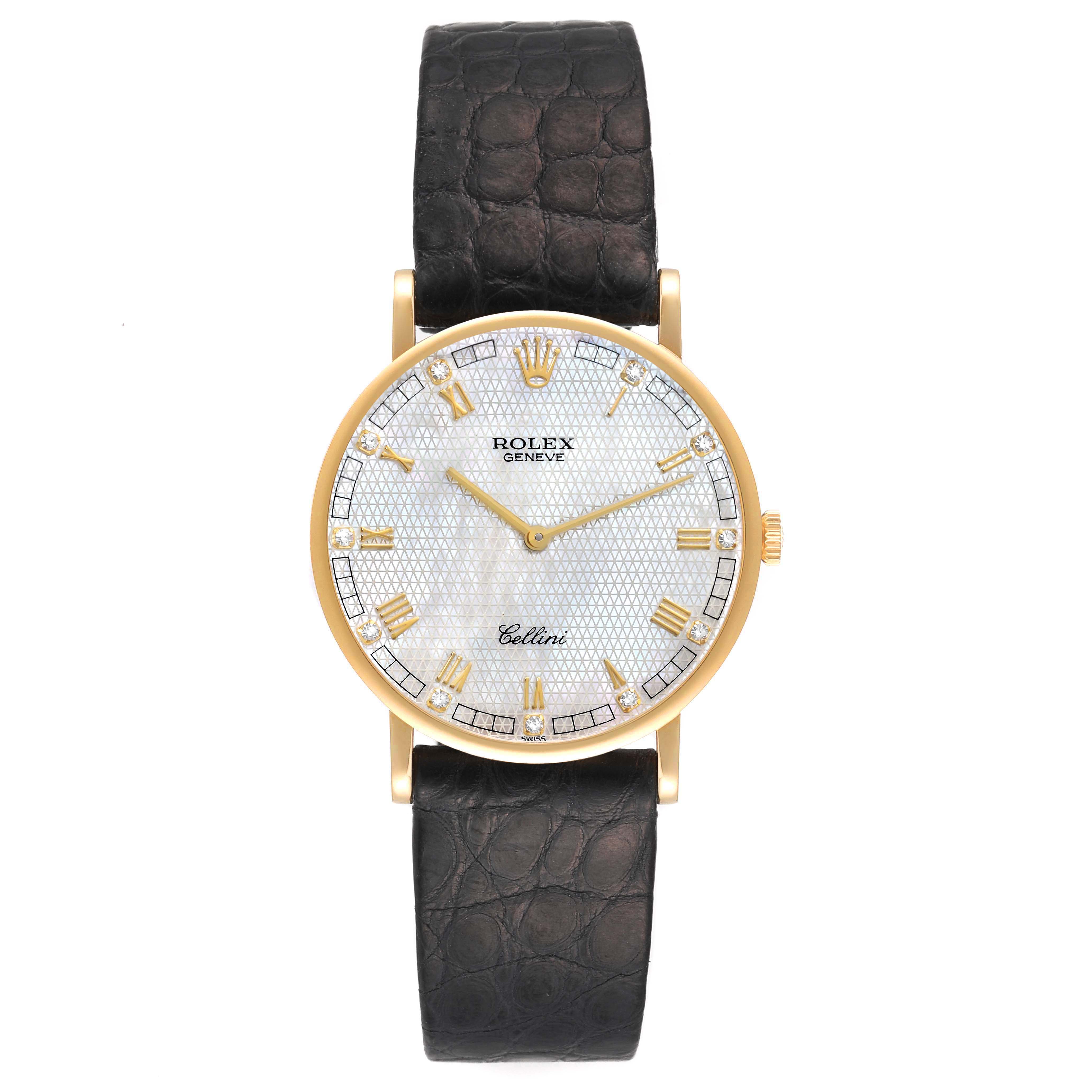 This is a frontal view of a Rolex Cellini 5112 Women's Yellow Gold Mother of Pearl Dial 5112 Women's Yellow Gold Mother of Pearl Dial watch showcasing its dial and black leather strap.