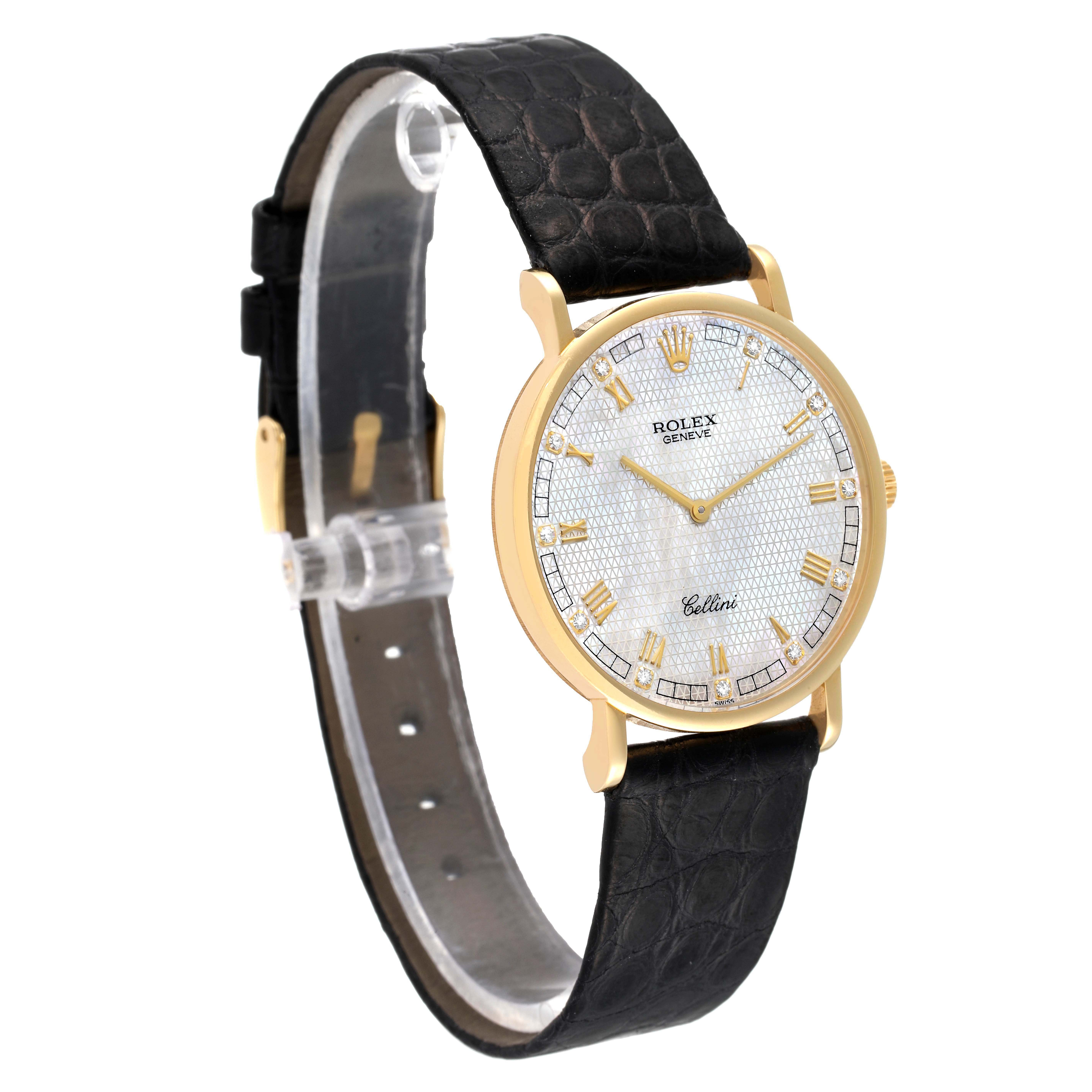 The Rolex Cellini 5112 Women's Yellow Gold Mother of Pearl Dial 5112 Women's Yellow Gold Mother of Pearl Dial watch is shown at a slight side angle, displaying its face, leather strap, and gold casing.
