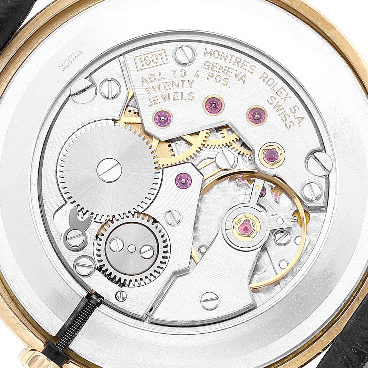 The image shows the internal mechanism of a Rolex Cellini 5112 Women's Yellow Gold Mother of Pearl Dial 5112 Women's Yellow Gold Mother of Pearl Dial watch from a close-up angle.