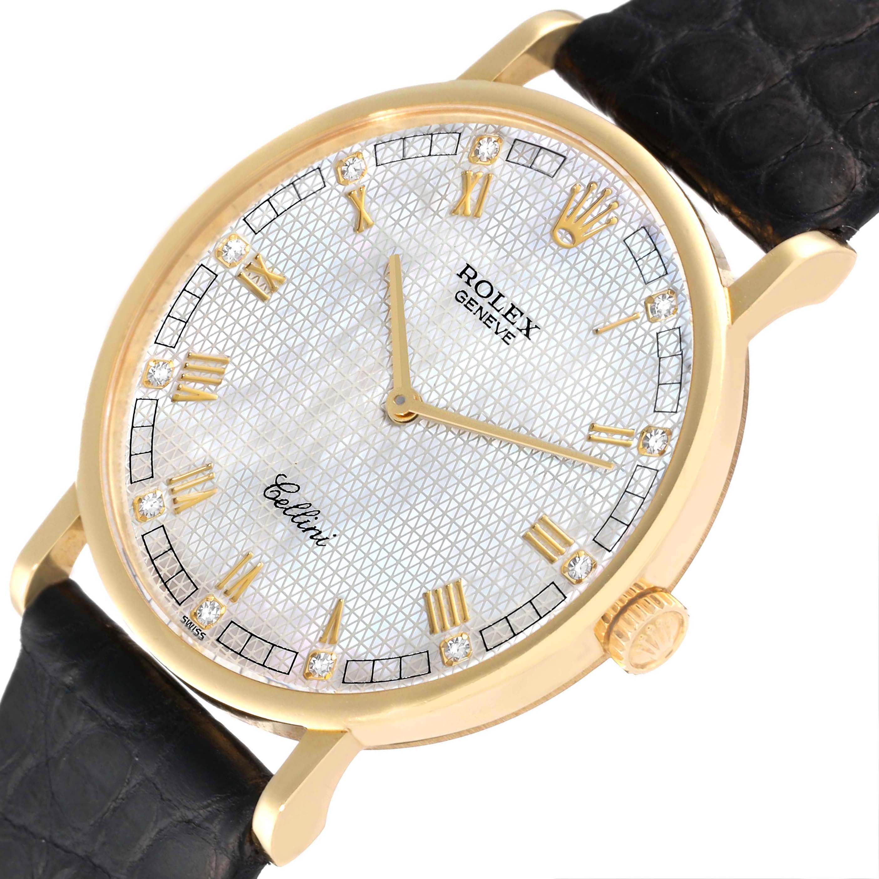 The image shows a close-up of a Rolex Cellini 5112 Women's Yellow Gold Mother of Pearl Dial 5112 Women's Yellow Gold Mother of Pearl Dial watch, highlighting the dial, hands, and part of the leather strap.