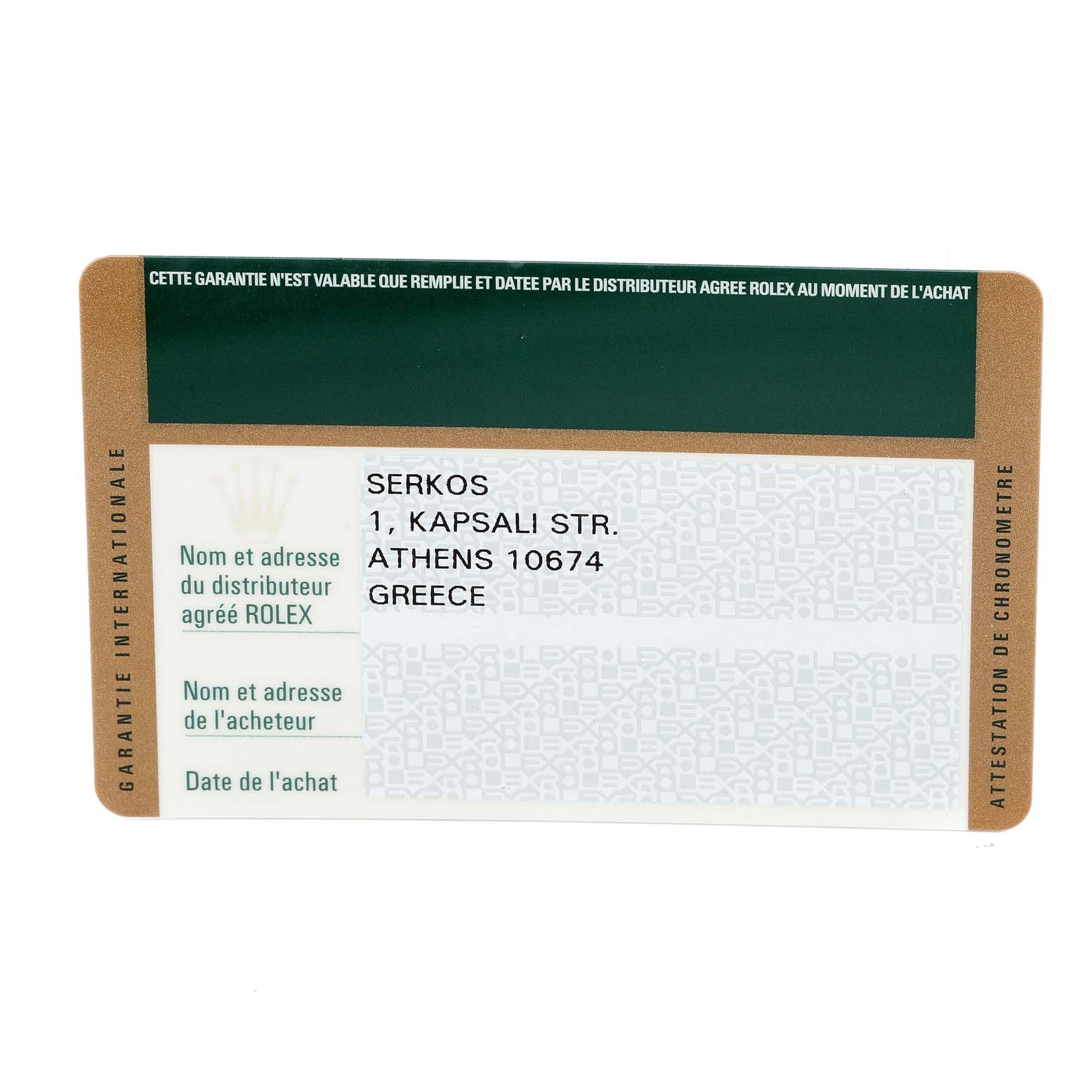 The image shows the warranty card for the Rolex Cellini 50529 Men's White Gold Black Dial 50529 Men's White Gold Black Dial watch, featuring distributor and purchaser details.