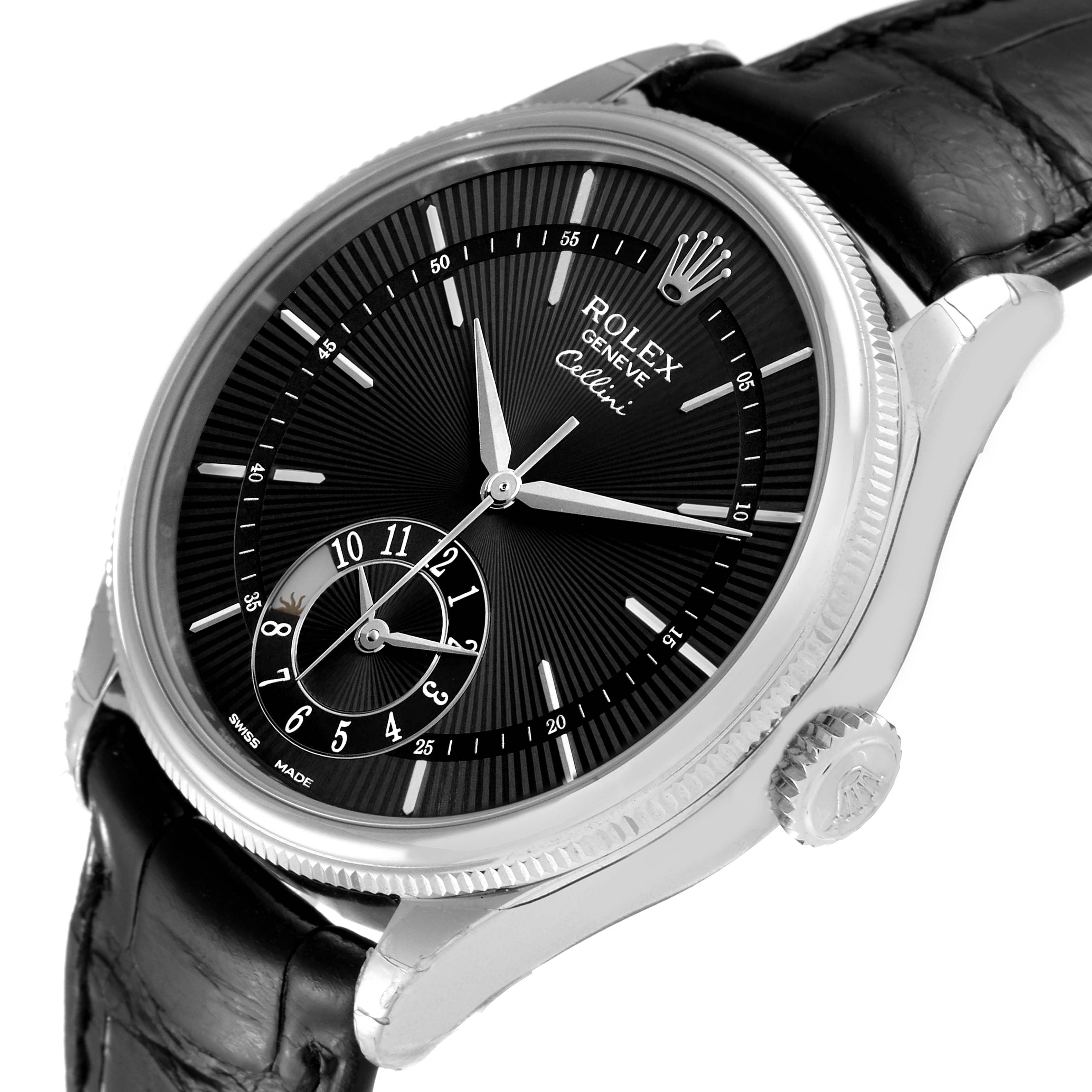 This image shows a Rolex Cellini 50529 Men's White Gold Black Dial 50529 Men's White Gold Black Dial model, viewed from a front angle, displaying the face, crown, and part of the leather strap.