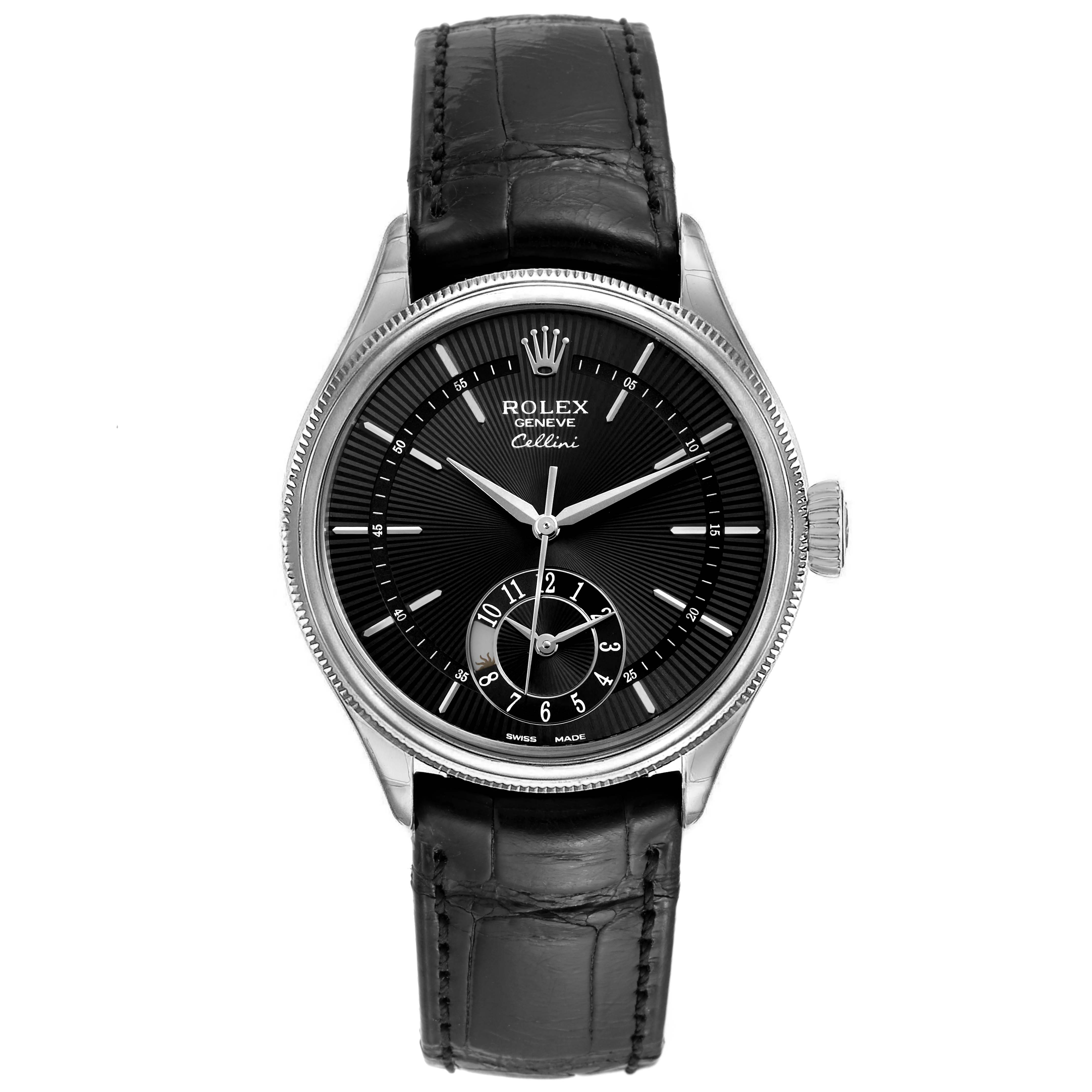 The image displays a front view of the Rolex Cellini 50529 Men's White Gold Black Dial 50529 Men's White Gold Black Dial watch, showcasing its dial, case, and leather strap.