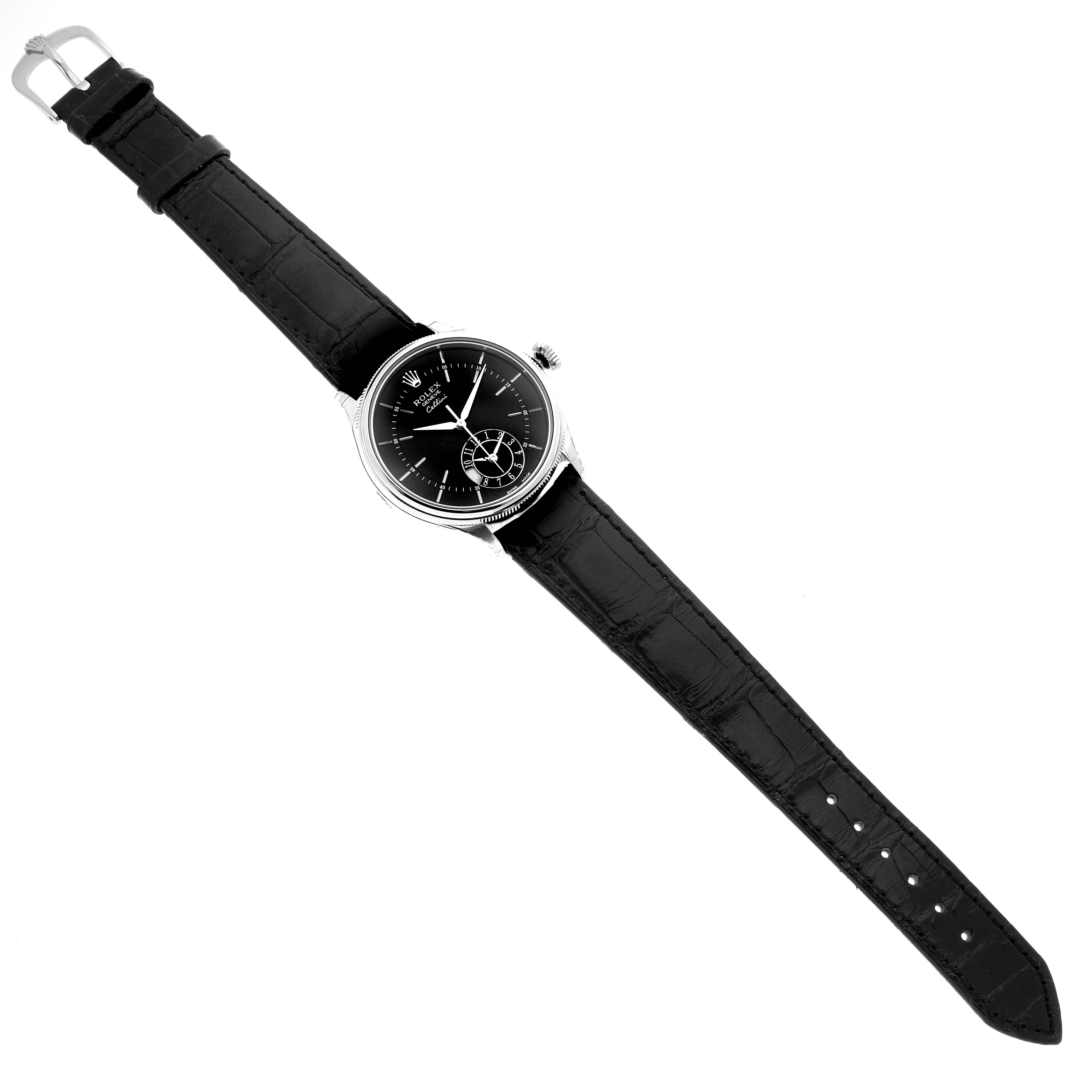 The image shows a Rolex Cellini 50529 Men's White Gold Black Dial 50529 Men's White Gold Black Dial watch from a top-down angle, highlighting the entire watch including its black leather strap and black dial.