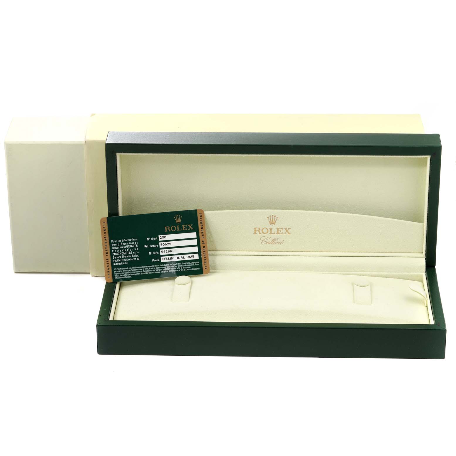 The image shows an open box for a Rolex Cellini 50529 Men's White Gold Black Dial 50529 Men's White Gold Black Dial watch, along with a warranty card.