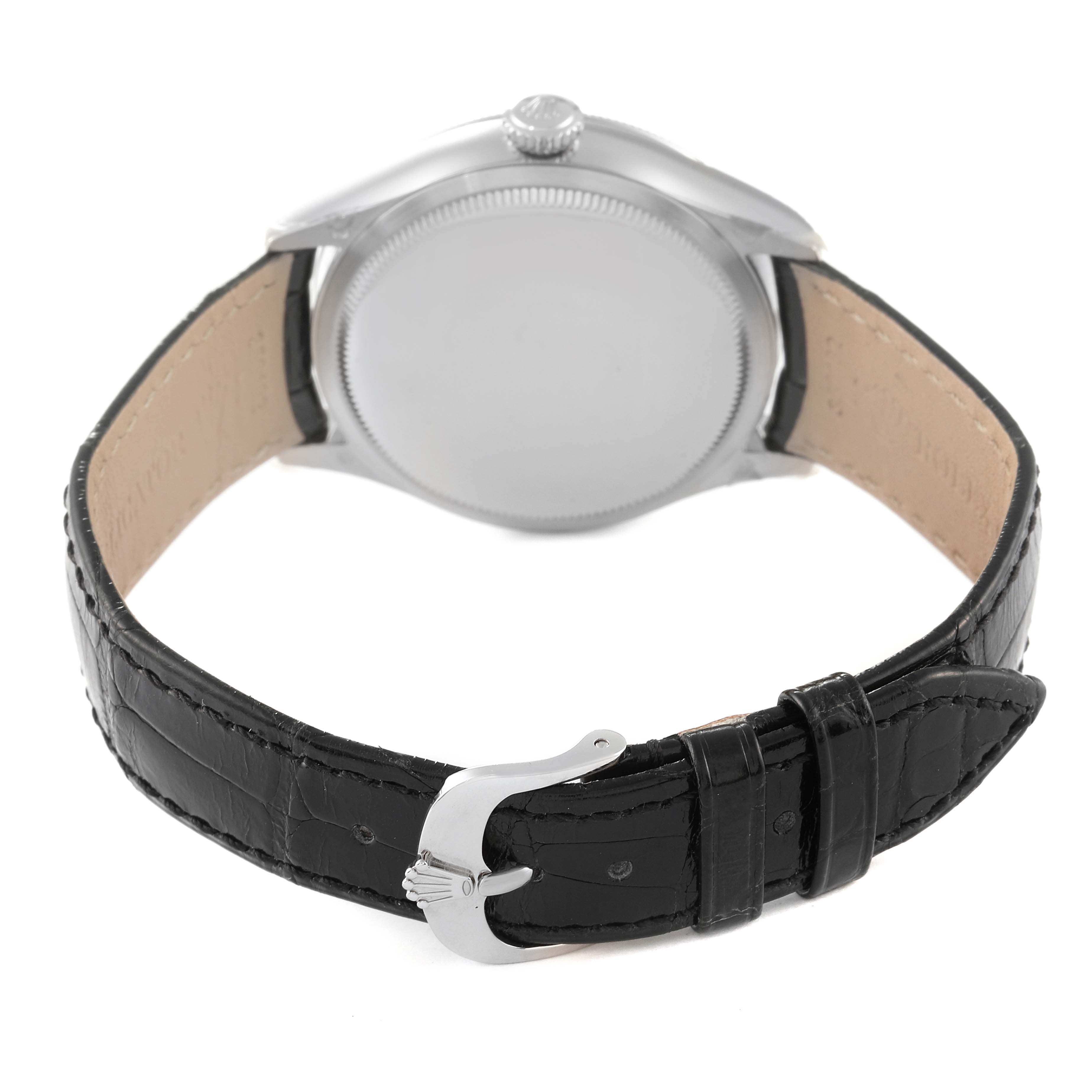 The image shows the Rolex Cellini 50529 Men's White Gold Black Dial 50529 Men's White Gold Black Dial watch from the back, focusing on the case back and black leather strap with a buckle.