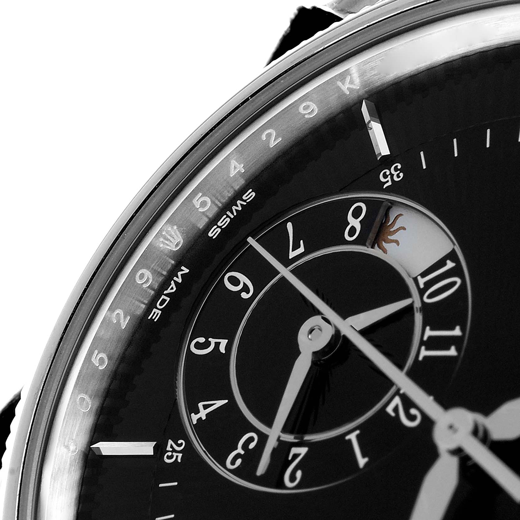 This image shows a close-up of the dial and hands of a Rolex Cellini 50529 Men's White Gold Black Dial 50529 Men's White Gold Black Dial watch, highlighting the numerals and date indicators.