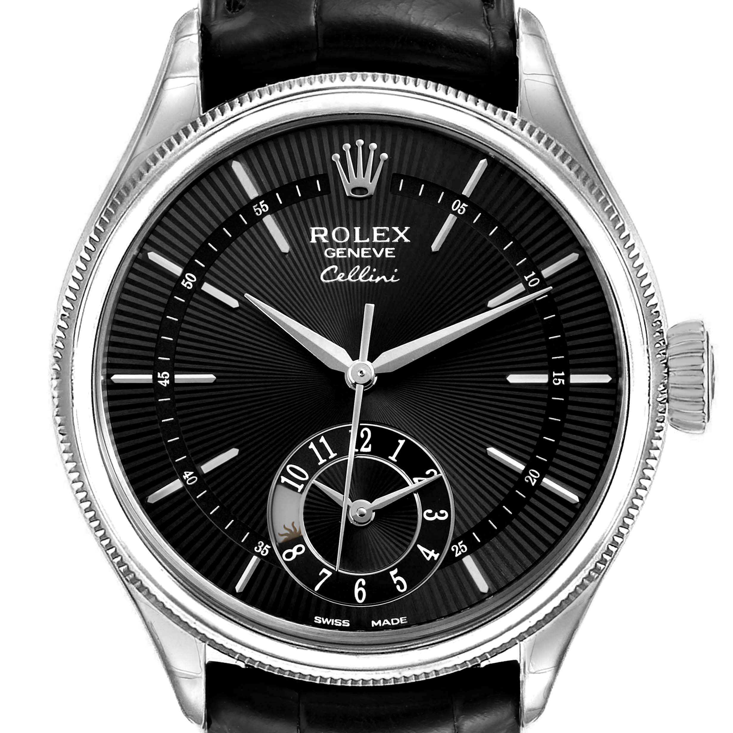 The image shows a front view of the Rolex Cellini 50529 Men's White Gold Black Dial 50529 Men's White Gold Black Dial watch, focusing on the dial, bezel, crown, and strap.