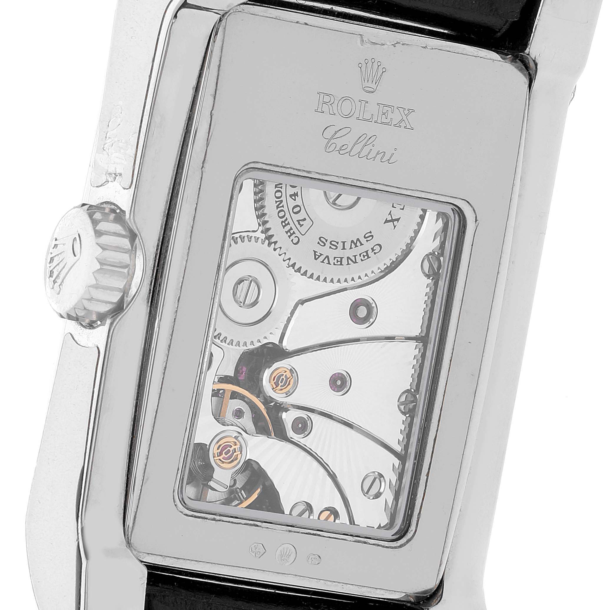 The image shows the back view of a Rolex Cellini 5443/9 Men's White Gold Black Dial 5443/9 Men's White Gold Black Dial watch, highlighting its inner mechanical movement.