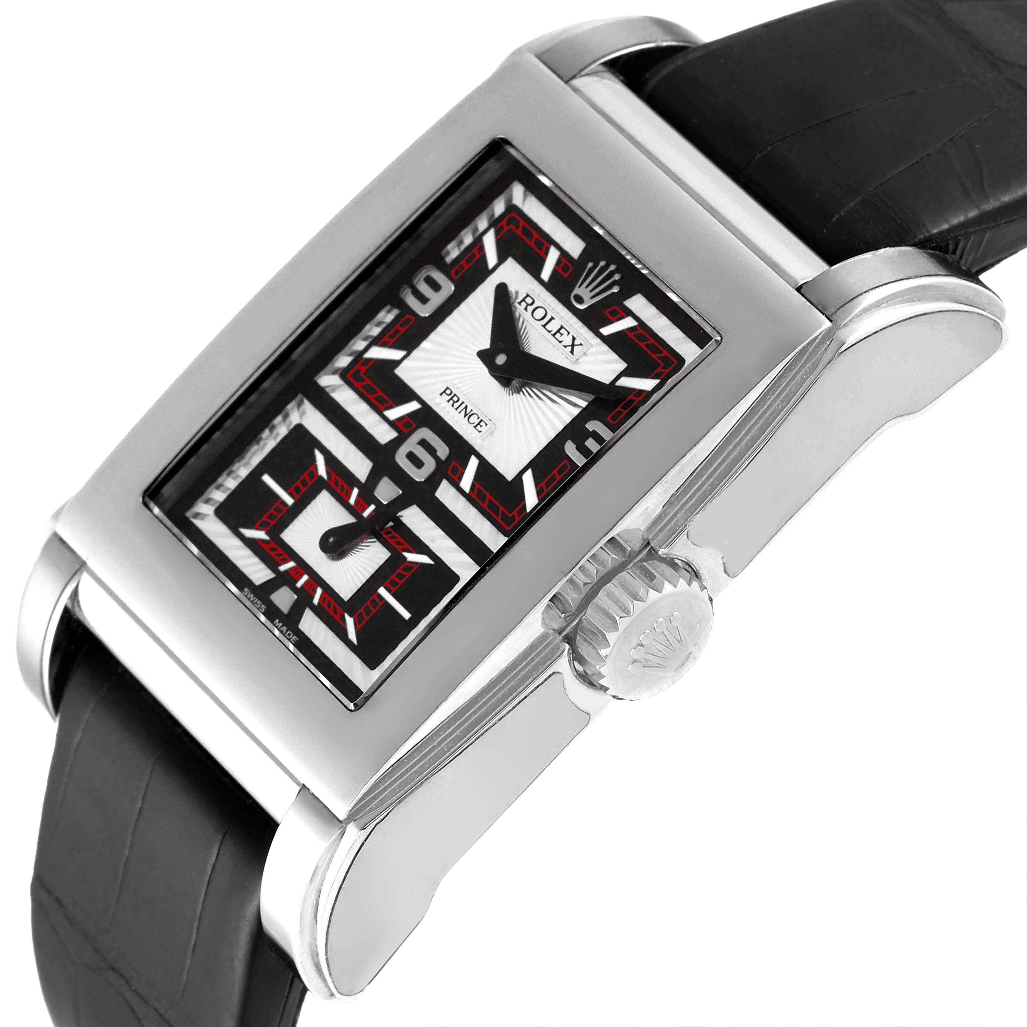 This angled view of the Rolex Cellini 5443/9 Men's White Gold Black Dial 5443/9 Men's White Gold Black Dial Prince model shows the dial, crown, case, and black leather strap.