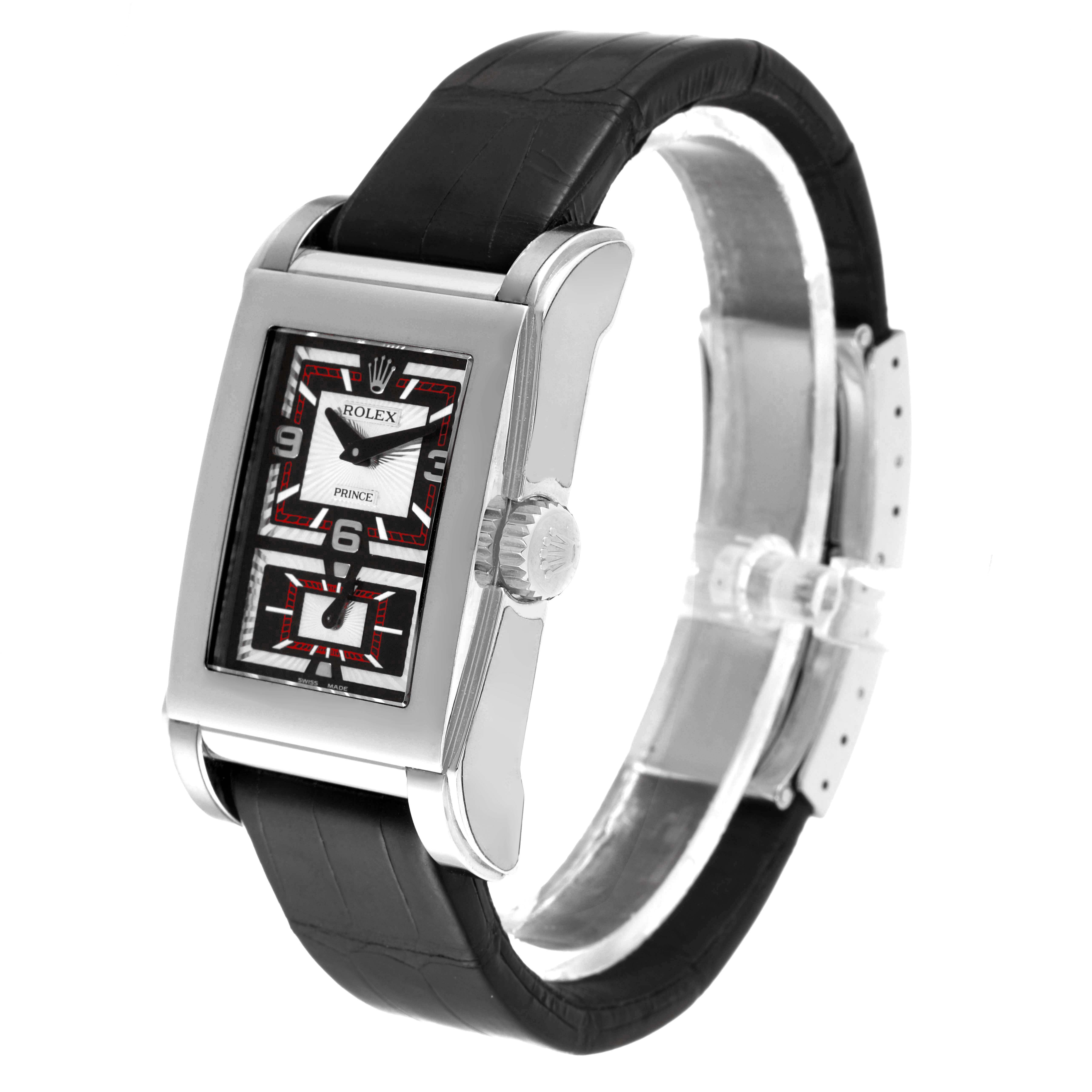 This image shows a side-angle view of a Rolex Cellini 5443/9 Men's White Gold Black Dial 5443/9 Men's White Gold Black Dial Prince watch, highlighting its rectangular case and black leather strap.