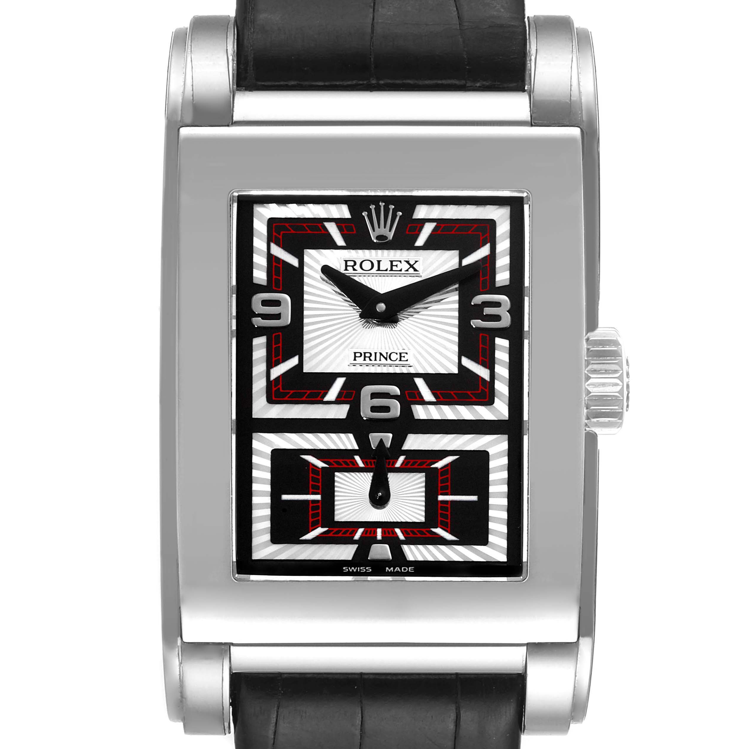 The image shows a frontal view of the Rolex Cellini 5443/9 Men's White Gold Black Dial 5443/9 Men's White Gold Black Dial Prince watch, highlighting its rectangular dial and crown.