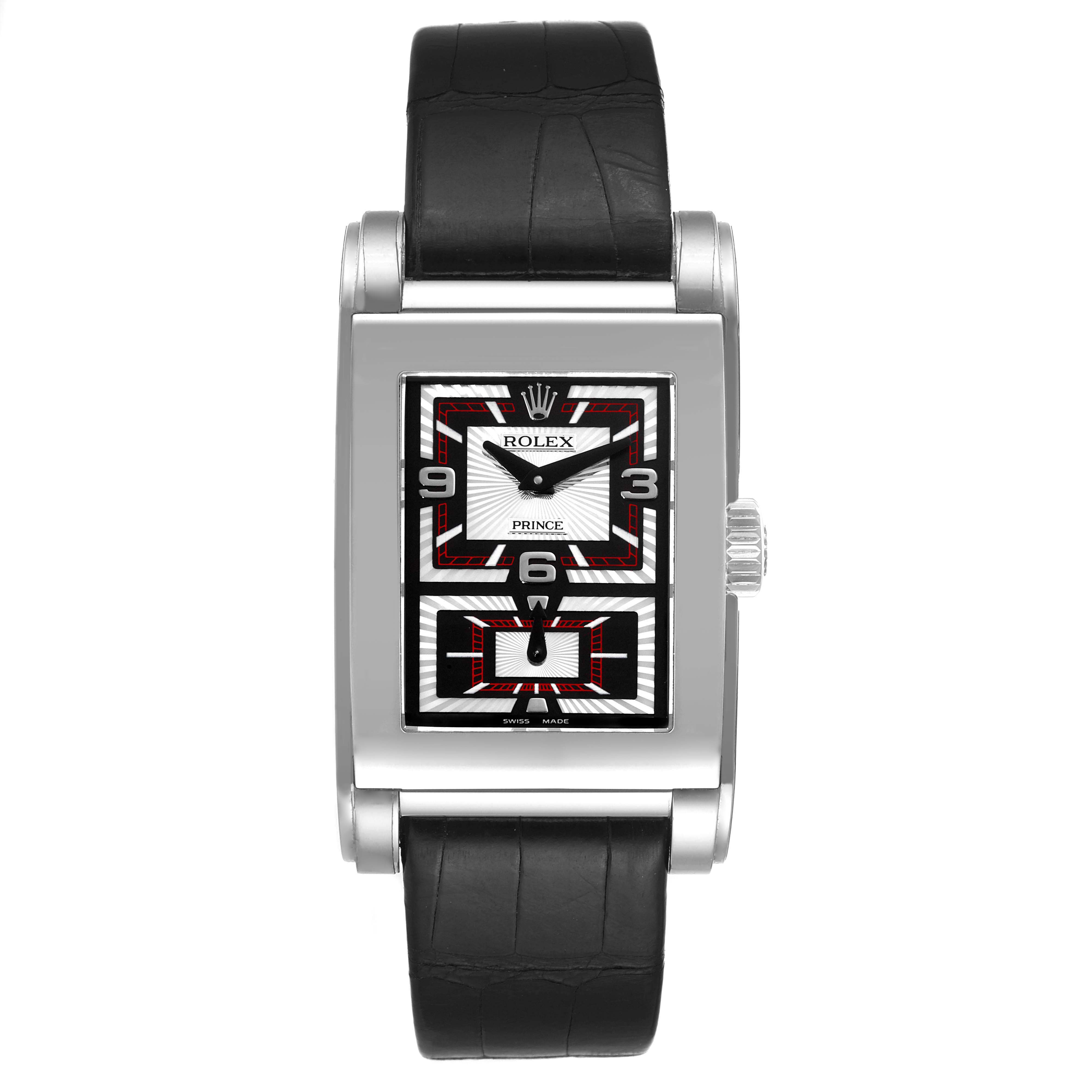 The image shows a front view of the Rolex Cellini 5443/9 Men's White Gold Black Dial 5443/9 Men's White Gold Black Dial Prince watch, displaying its rectangular dial, crown, and leather strap.