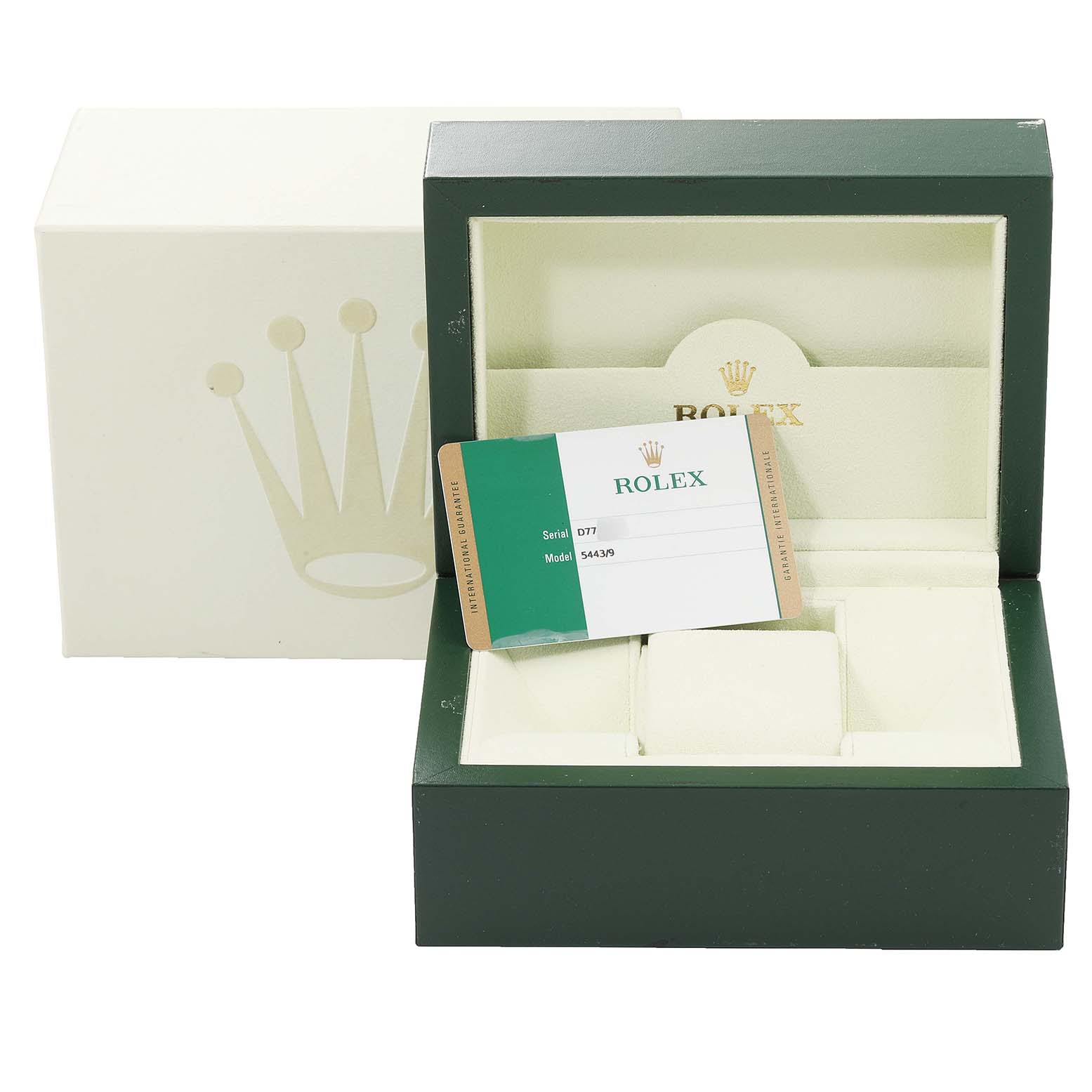 The image shows an open Rolex Cellini 5443/9 Men's White Gold Black Dial 5443/9 Men's White Gold Black Dial watch box with a warranty card, viewed from the front.