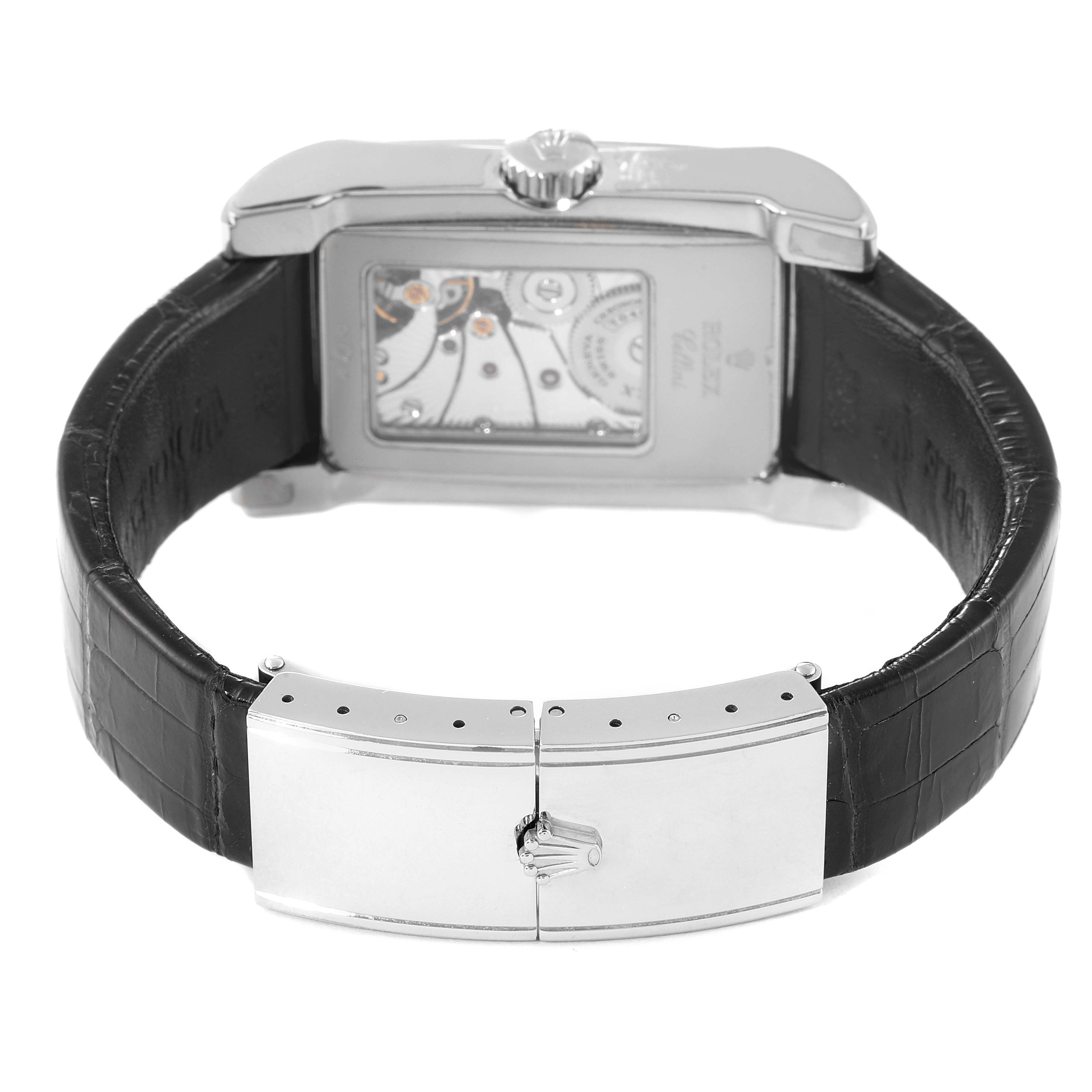 The image shows the back case and the clasp of a Rolex Cellini 5443/9 Men's White Gold Black Dial 5443/9 Men's White Gold Black Dial model watch from a rear angle.