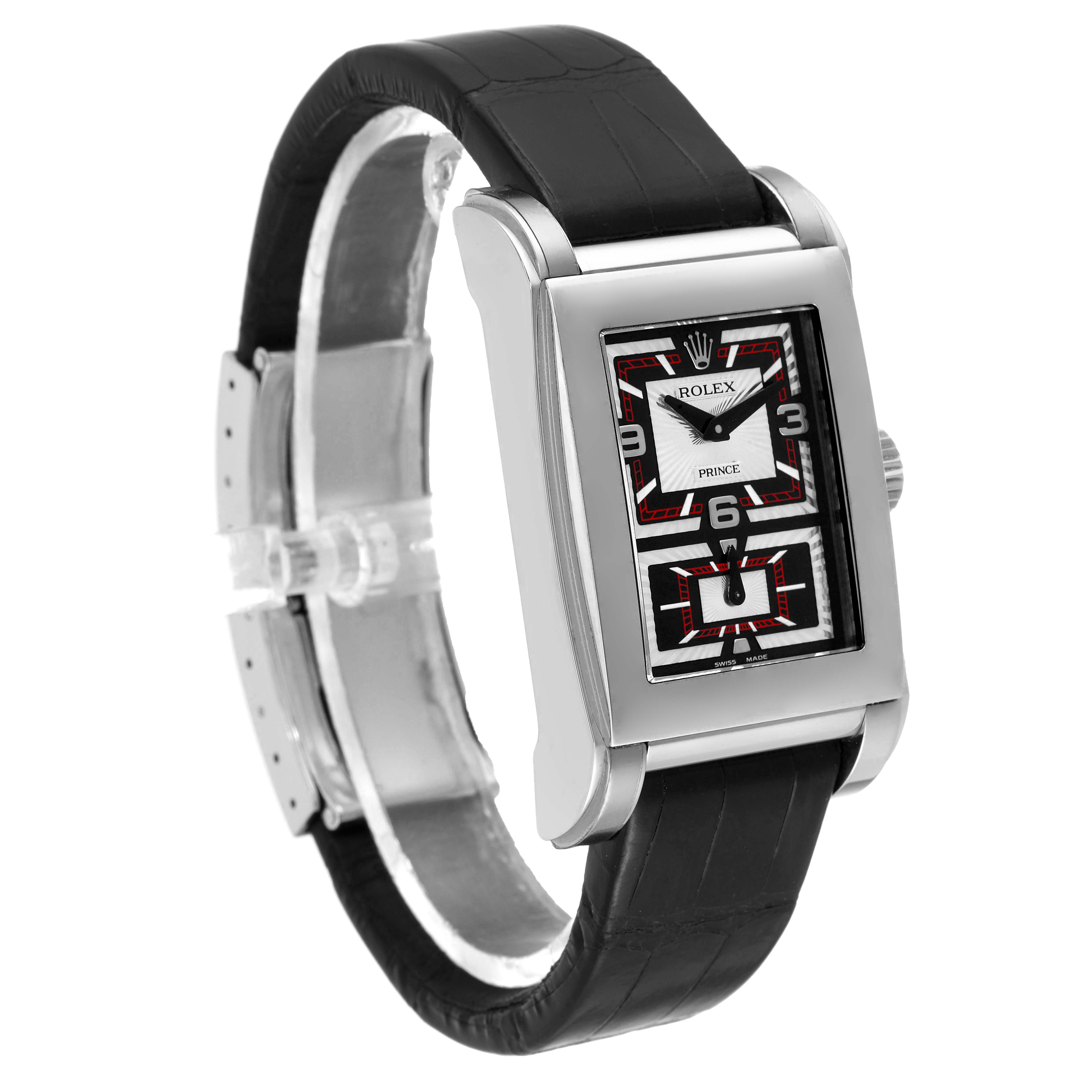 The image shows a Rolex Cellini 5443/9 Men's White Gold Black Dial 5443/9 Men's White Gold Black Dial watch at a slight front-side angle, highlighting the rectangular case and black leather strap.