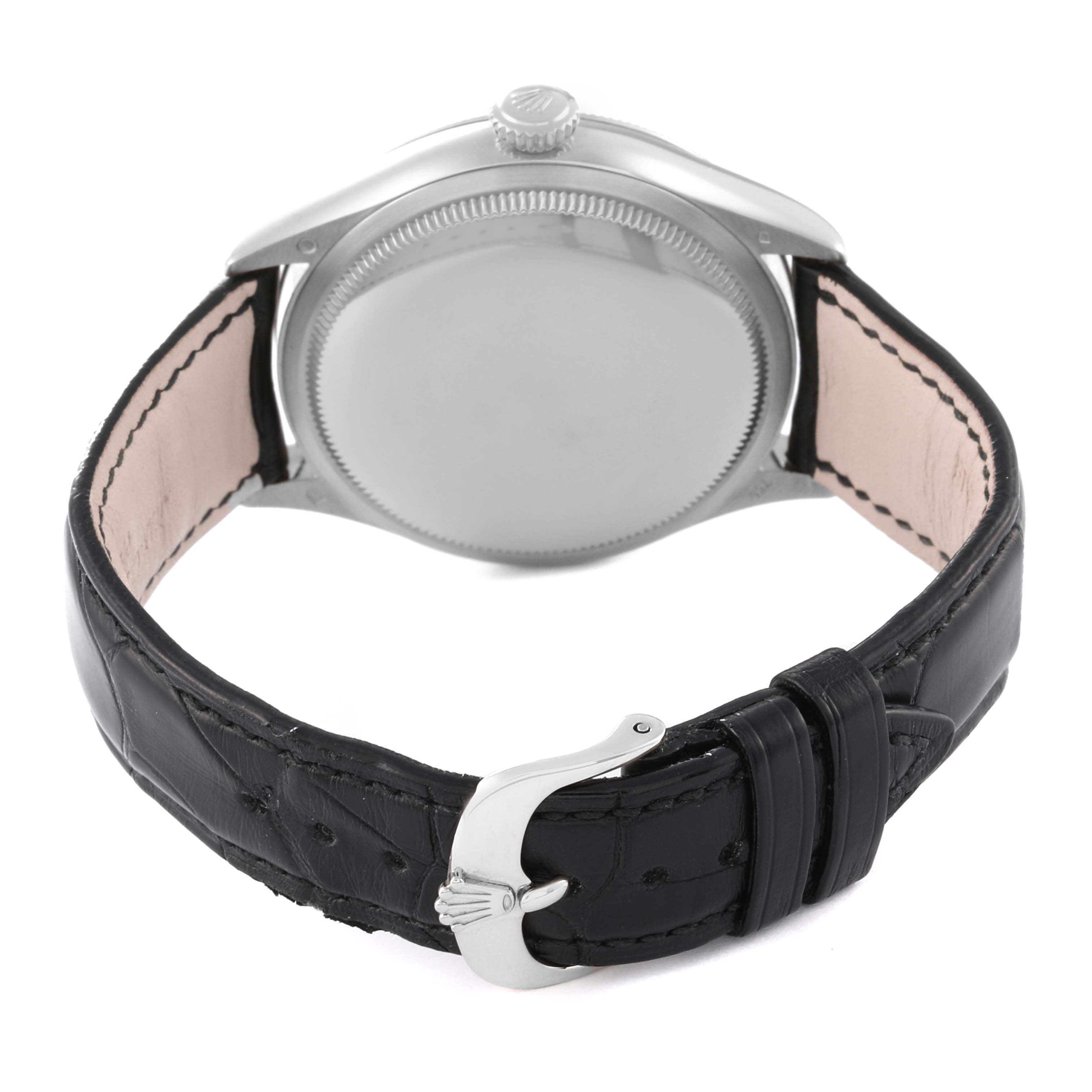 The image shows the back view of a Rolex Cellini 50509 Men's White Gold Silver Dial 50509 Men's White Gold Silver Dial watch, highlighting the case back and black leather strap with a buckle.