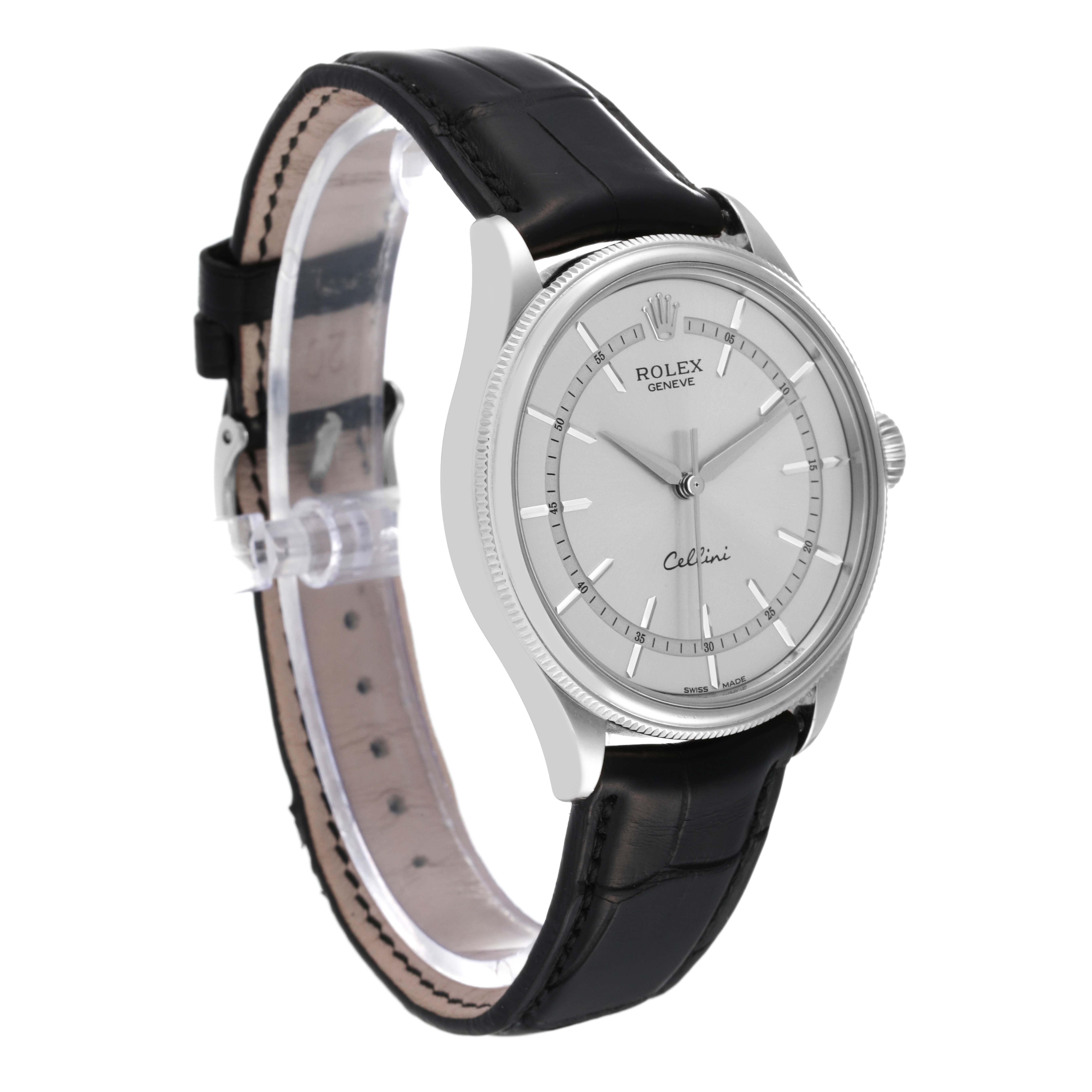 The image shows a side angle of a Rolex Cellini 50509 Men's White Gold Silver Dial 50509 Men's White Gold Silver Dial watch, highlighting its face, bezel, strap, and crown.