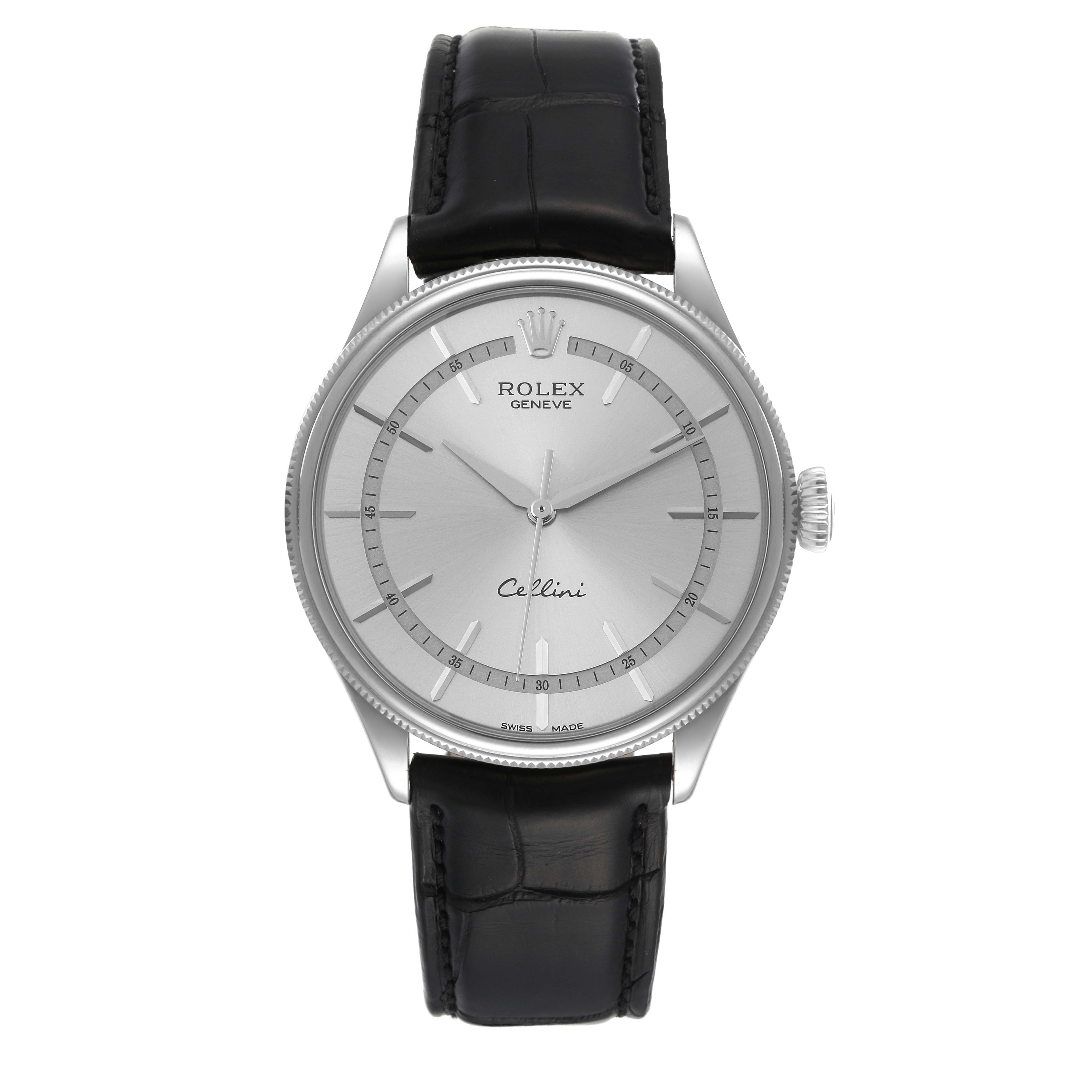 This image shows a front view of the Rolex Cellini 50509 Men's White Gold Silver Dial 50509 Men's White Gold Silver Dial watch, displaying its dial, crown, and leather strap.