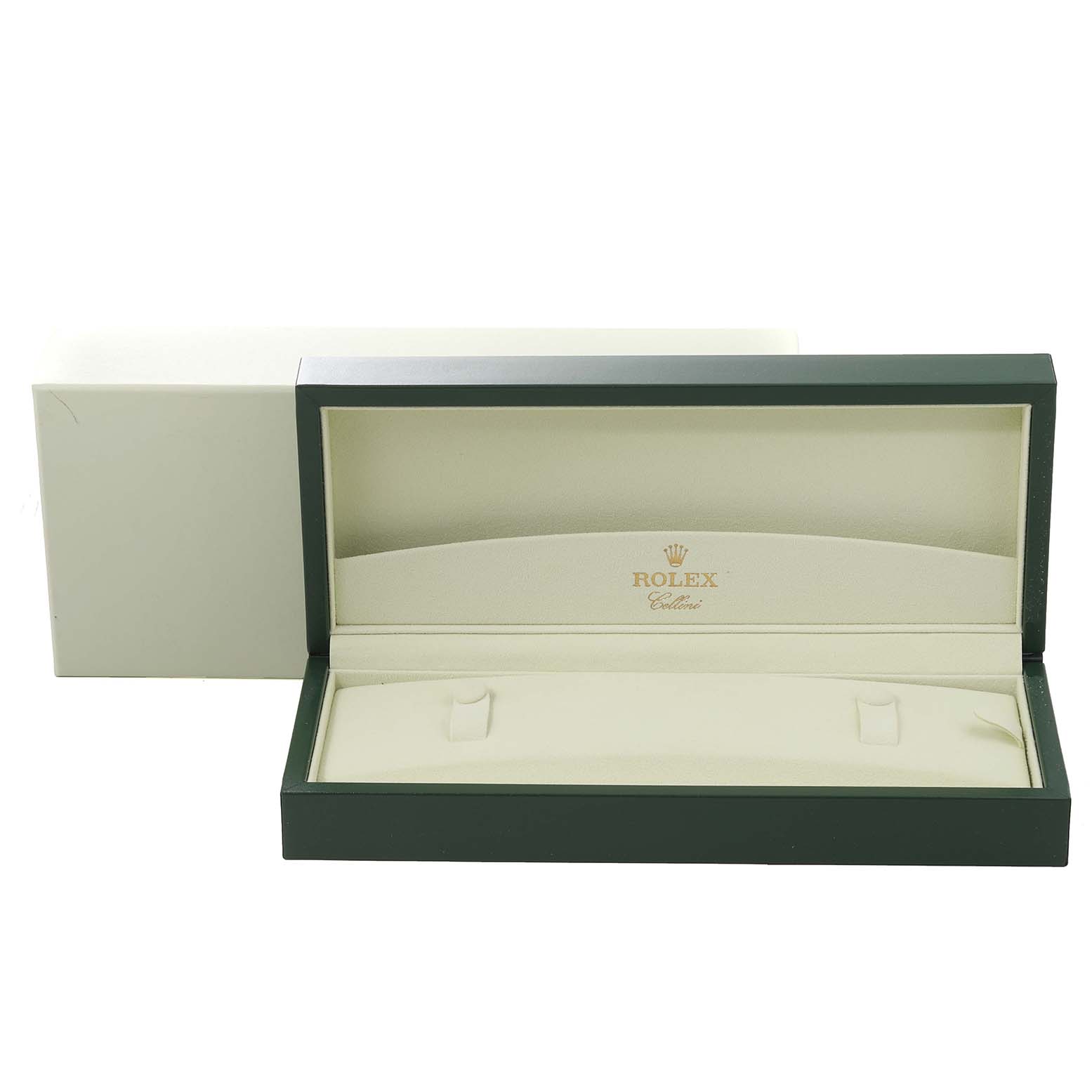 The image shows an open green and cream Rolex Cellini 50509 Men's White Gold Silver Dial 50509 Men's White Gold Silver Dial watch box, viewed from the front.