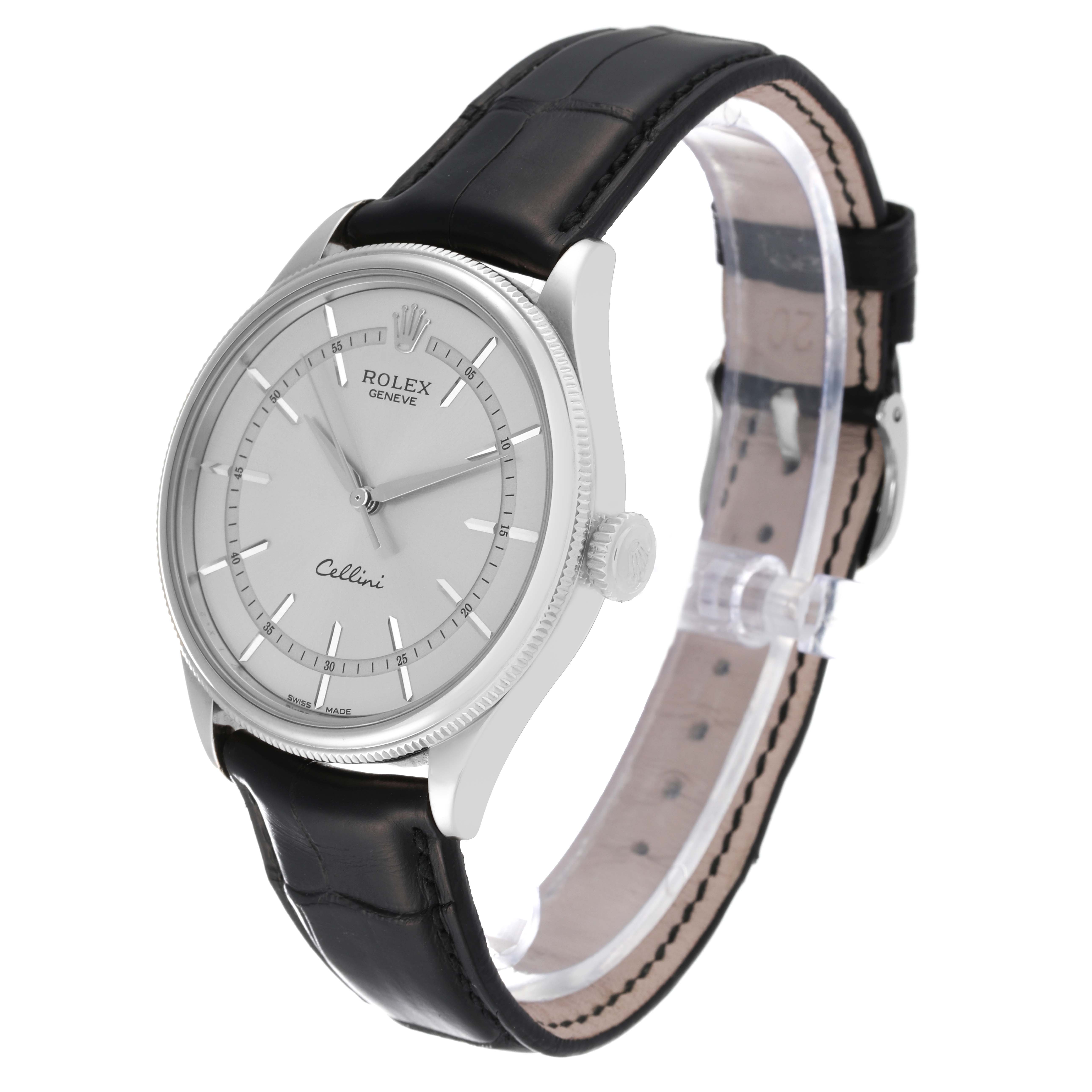 The Rolex Cellini 50509 Men's White Gold Silver Dial 50509 Men's White Gold Silver Dial watch is shown at a three-quarter angle, displaying the face, crown, and leather strap.