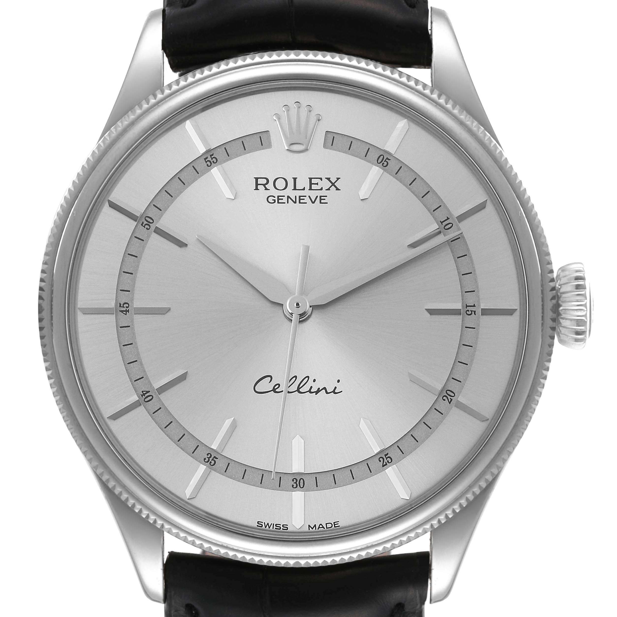The image shows a frontal view of a Rolex Cellini 50509 Men's White Gold Silver Dial 50509 Men's White Gold Silver Dial watch, displaying its dial, hands, crown, bezel, and a portion of the strap.