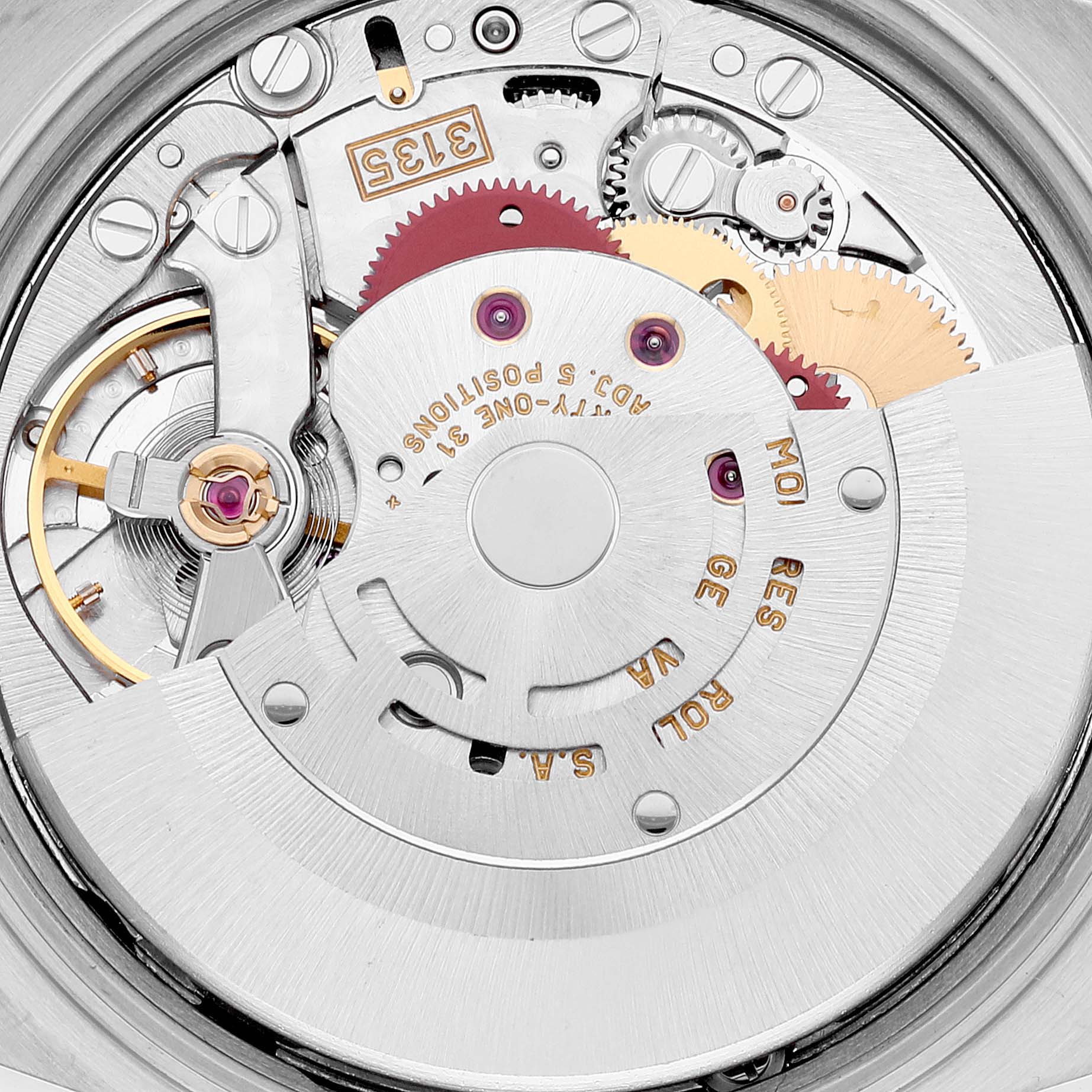 The image shows a close-up view of the intricate internal mechanical movement of a Rolex Date 15210 Men's Stainless Steel Silver Dial 15210 Men's Stainless Steel Silver Dial watch.