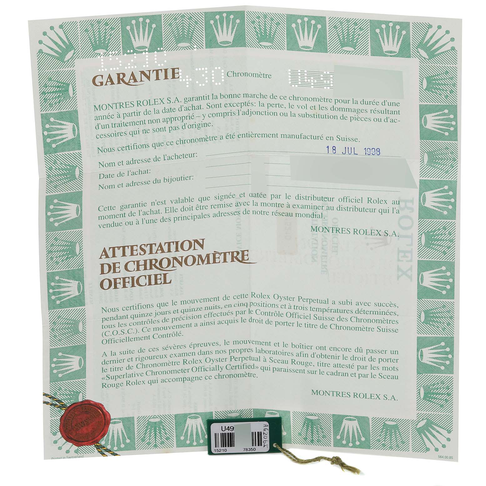 The image shows a warranty certificate for a Rolex Date 15210 Men's Stainless Steel Silver Dial 15210 Men's Stainless Steel Silver Dial model watch, viewed from the front.