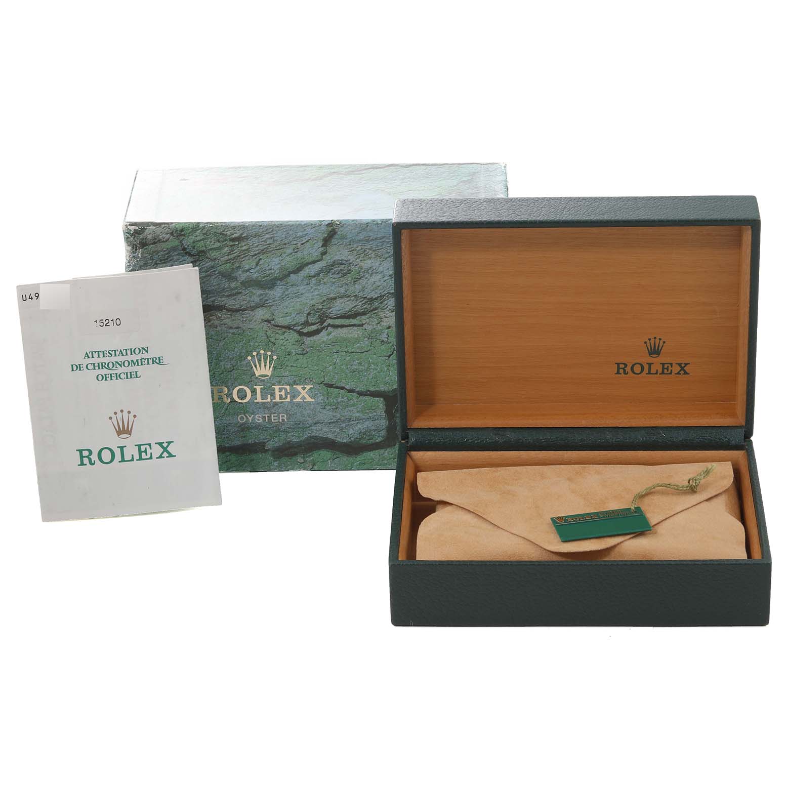 The image shows the box, interior packaging, and documentation for the Rolex Date 15210 Men's Stainless Steel Silver Dial 15210 Men's Stainless Steel Silver Dial model watch.