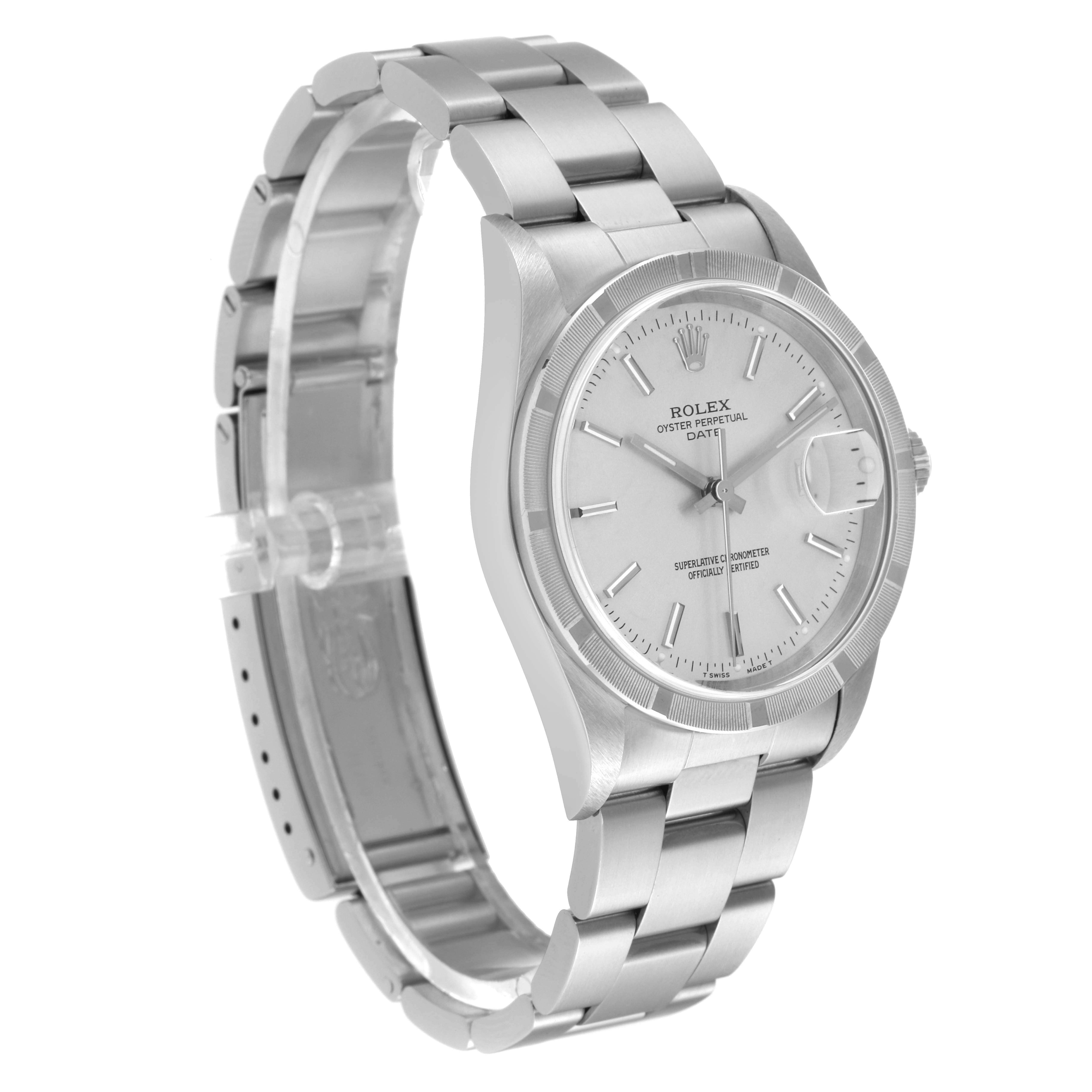 The image shows a side-angle view of the Rolex Date 15210 Men's Stainless Steel Silver Dial 15210 Men's Stainless Steel Silver Dial model watch, highlighting the face, bezel, and bracelet.