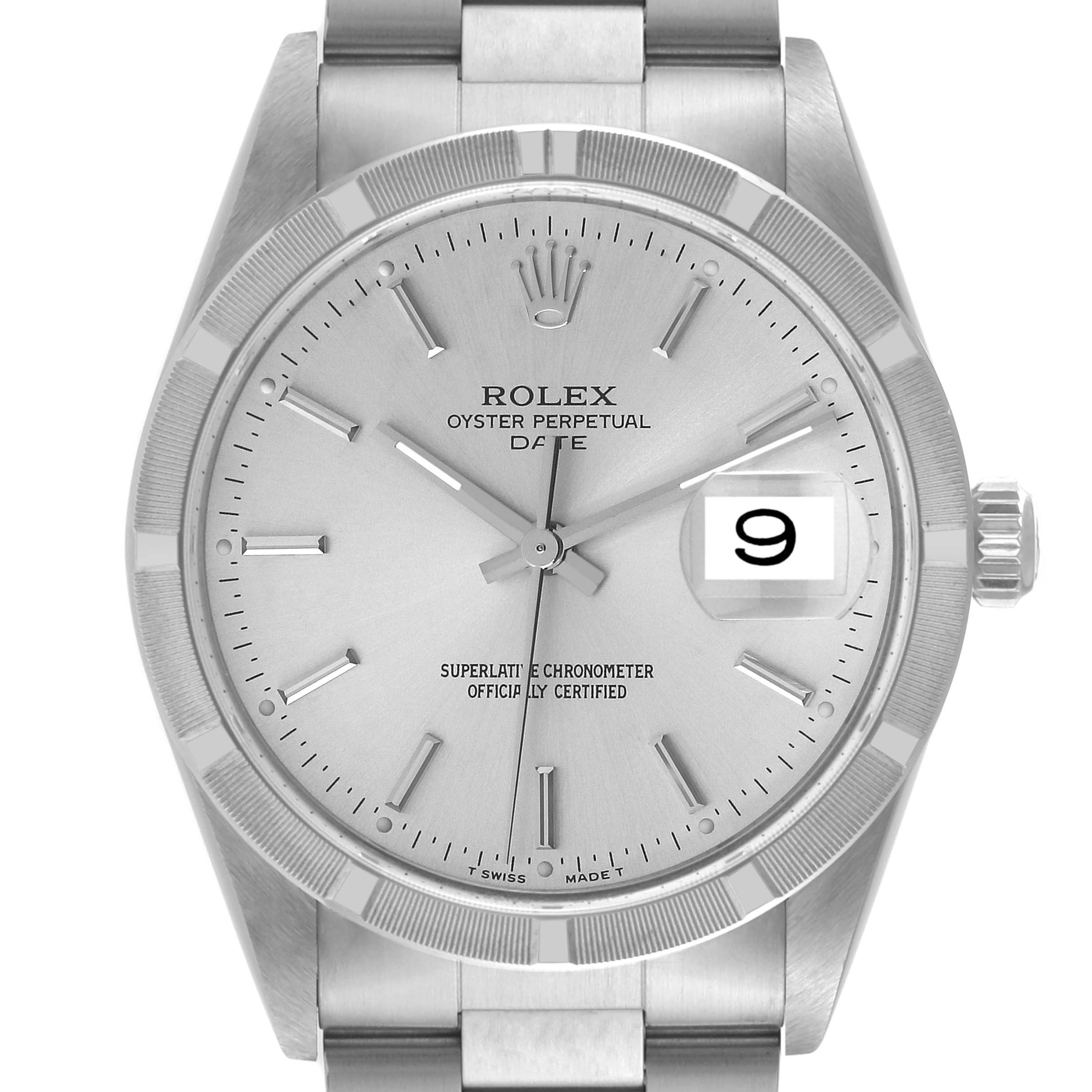 This is a front-facing view of the Rolex Date 15210 Men's Stainless Steel Silver Dial 15210 Men's Stainless Steel Silver Dial model showing the watch face, bezel, crown, and part of the bracelet.