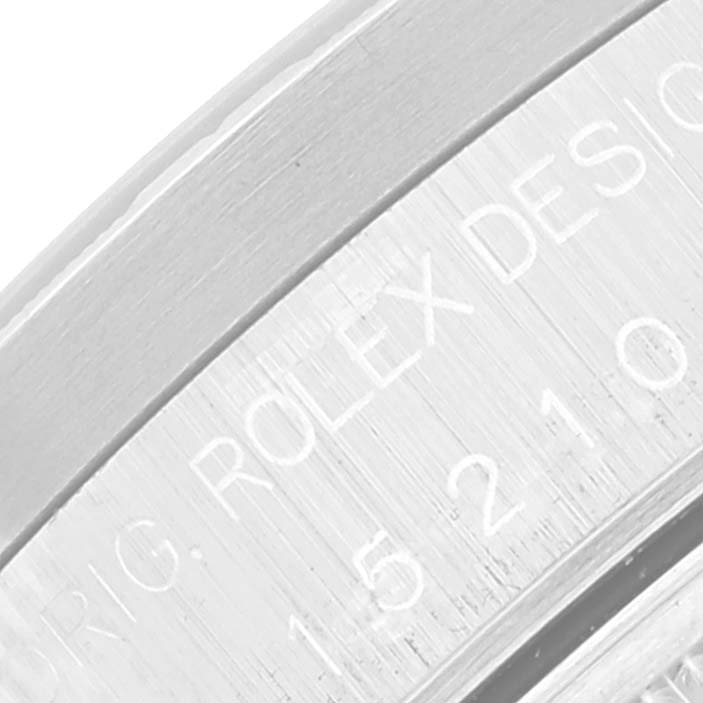This image shows a close-up of the inner bezel with the engraving "ROLEX DESIGN" on a Rolex Date 15210 Men's Stainless Steel Silver Dial 15210 Men's Stainless Steel Silver Dial model watch.