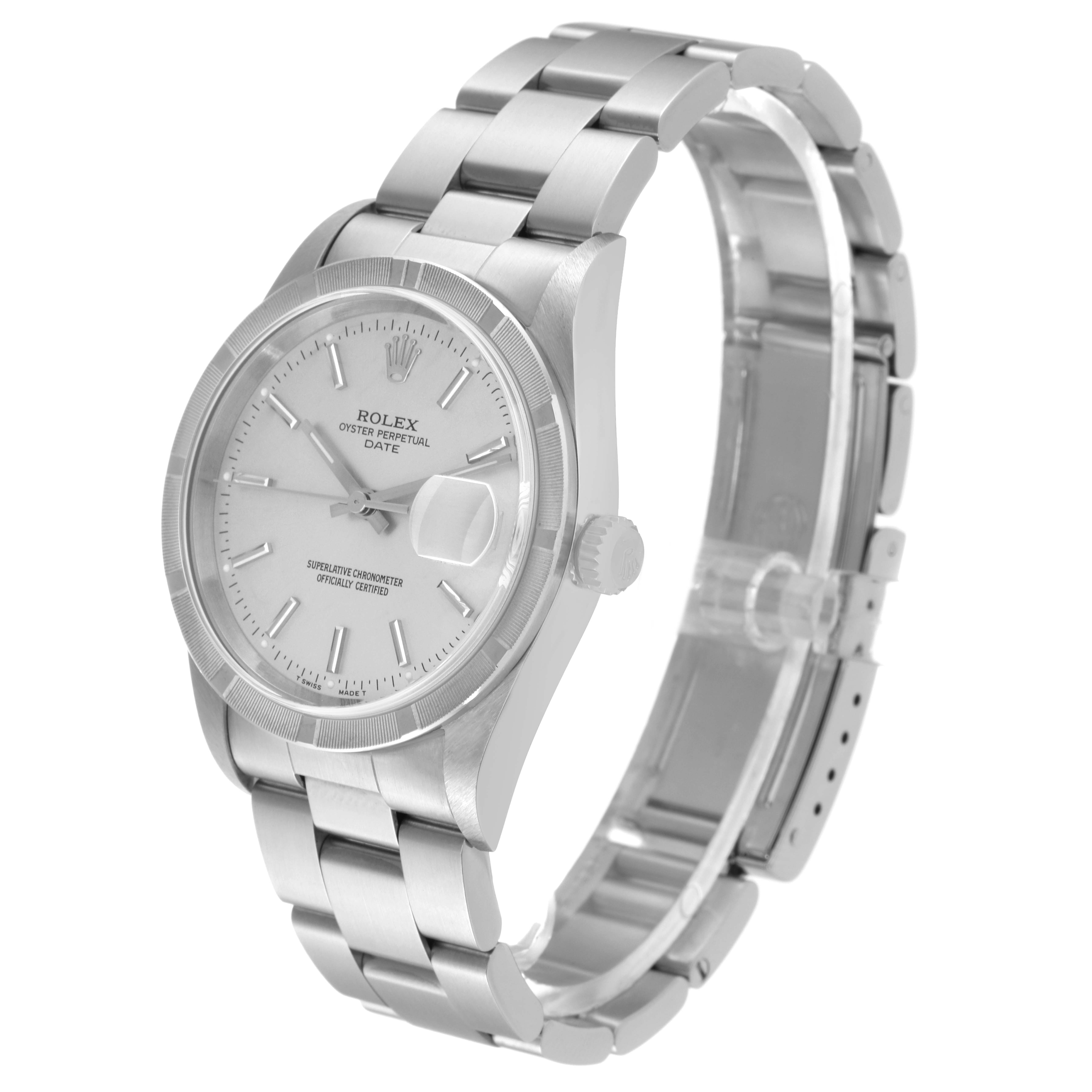 The Rolex Date 15210 Men's Stainless Steel Silver Dial 15210 Men's Stainless Steel Silver Dial model watch is shown at an angled view highlighting its face, bezel, crown, and bracelet.