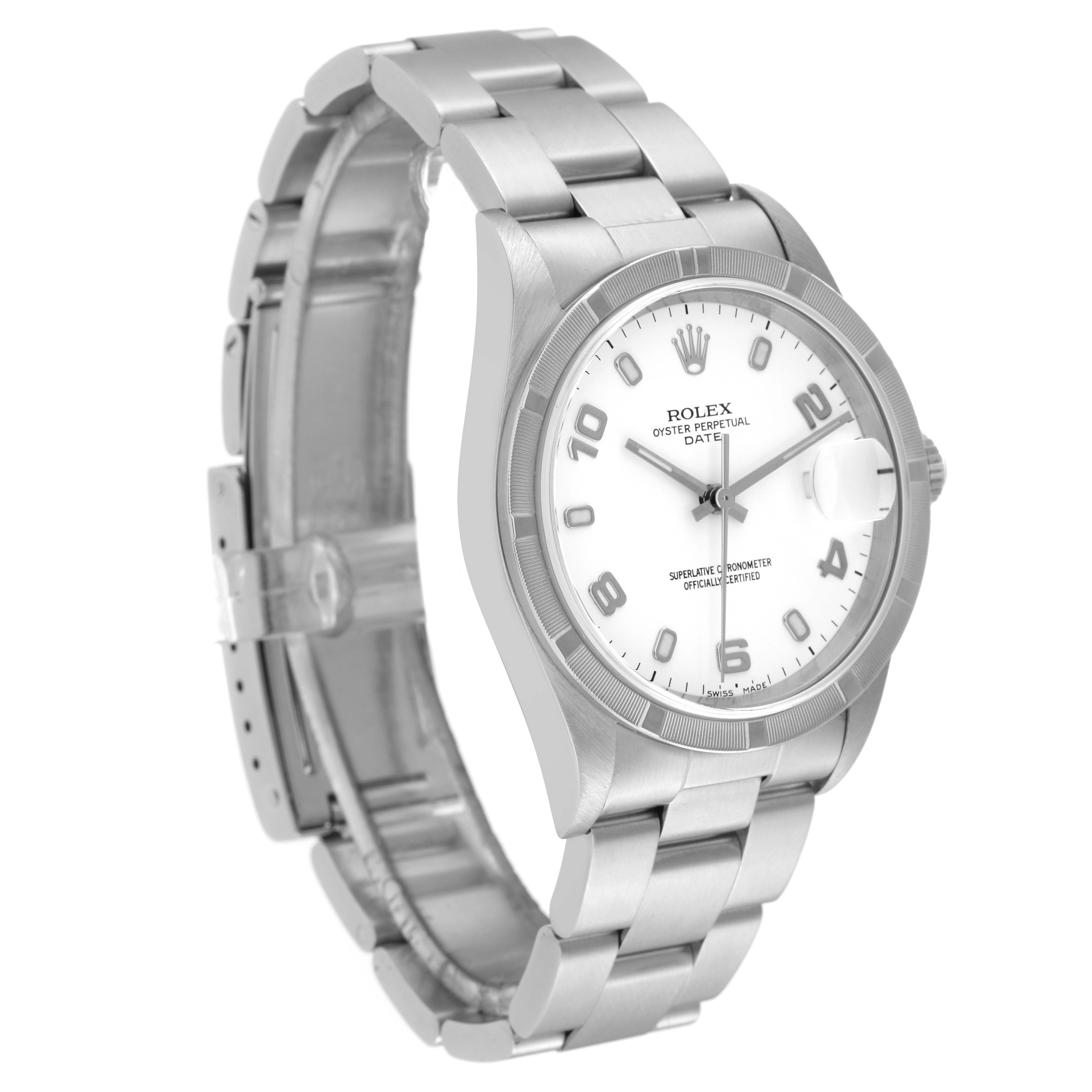 The Rolex Date 15210 Men's Stainless Steel White Dial 15210 Men's Stainless Steel White Dial model watch is shown at a 3/4 angle, highlighting the face, bezel, case, and bracelet.