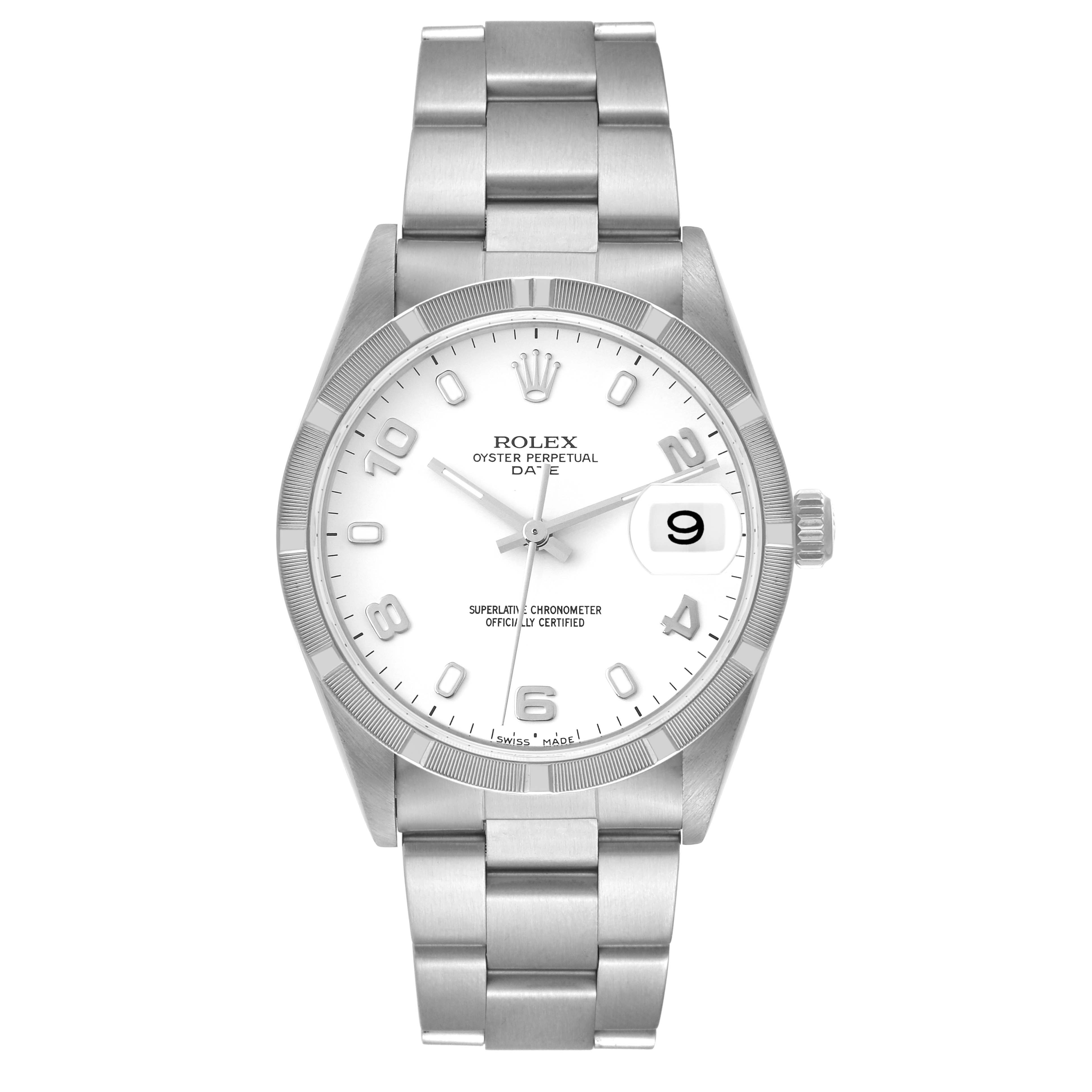 The Rolex Date 15210 Men's Stainless Steel White Dial 15210 Men's Stainless Steel White Dial model watch is shown from a front angle, displaying the dial, date window, bezel, and bracelet.