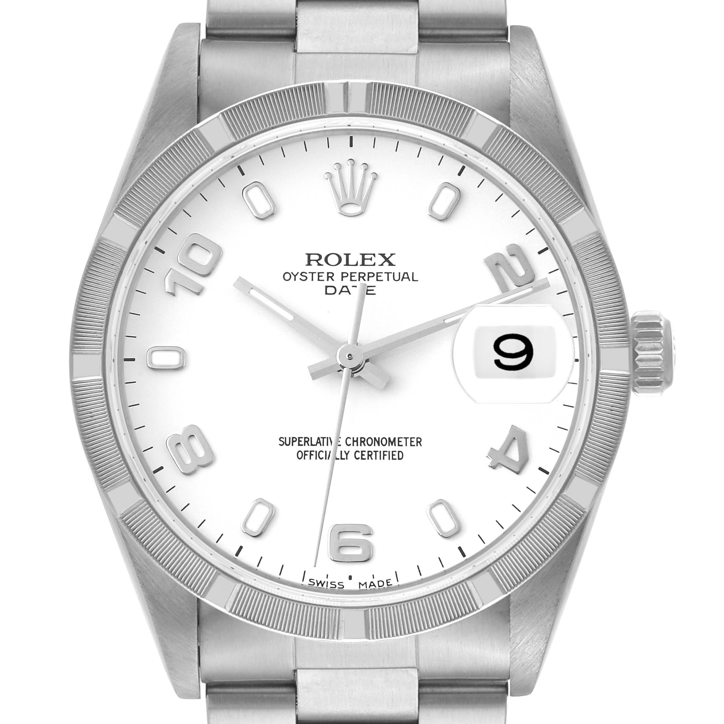 The image shows a front view of a Rolex Date 15210 Men's Stainless Steel White Dial 15210 Men's Stainless Steel White Dial model watch, displaying the dial, bezel, and bracelet.