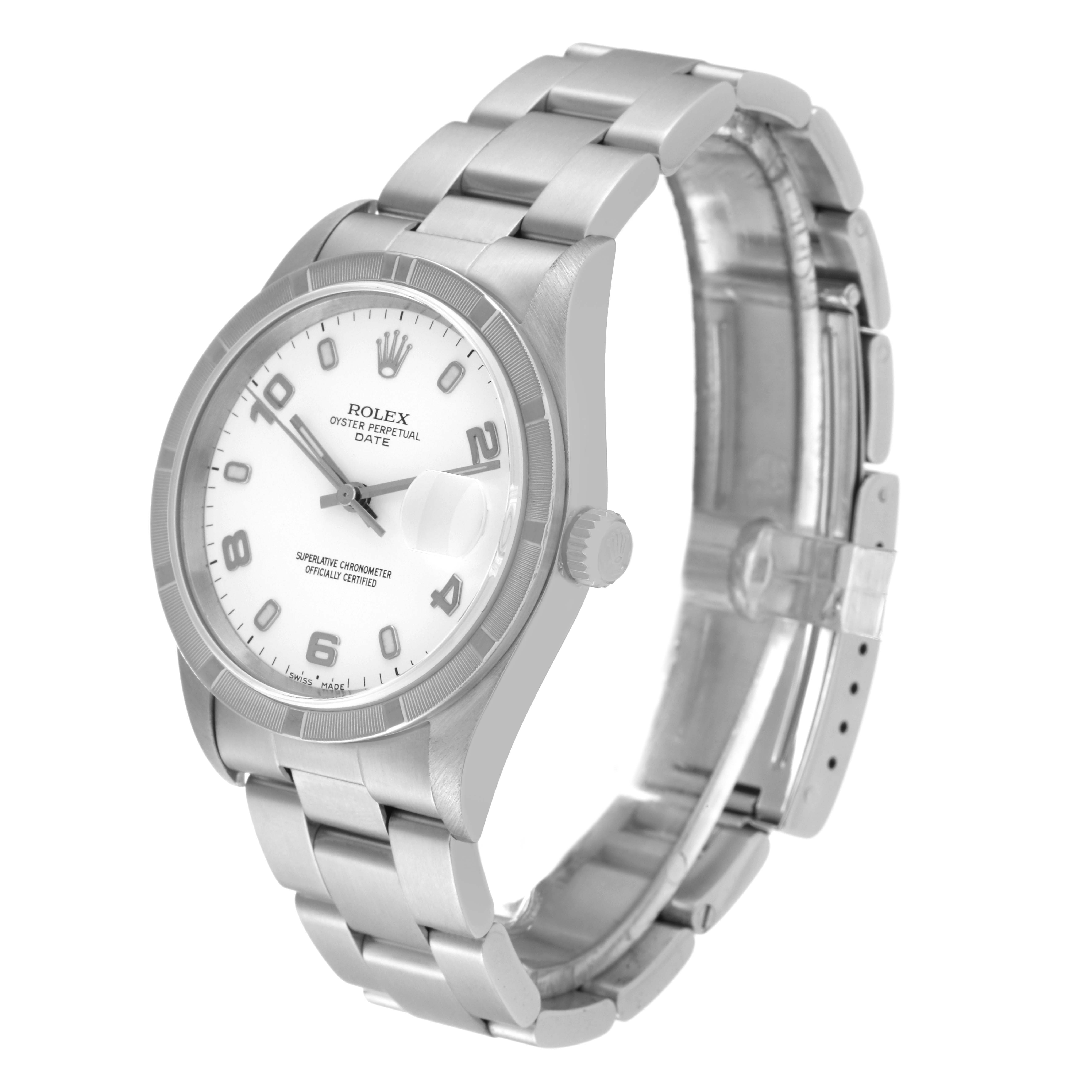 The image shows a Rolex Date 15210 Men's Stainless Steel White Dial 15210 Men's Stainless Steel White Dial model watch at a three-quarter angle, displaying its face, side, and part of the bracelet.