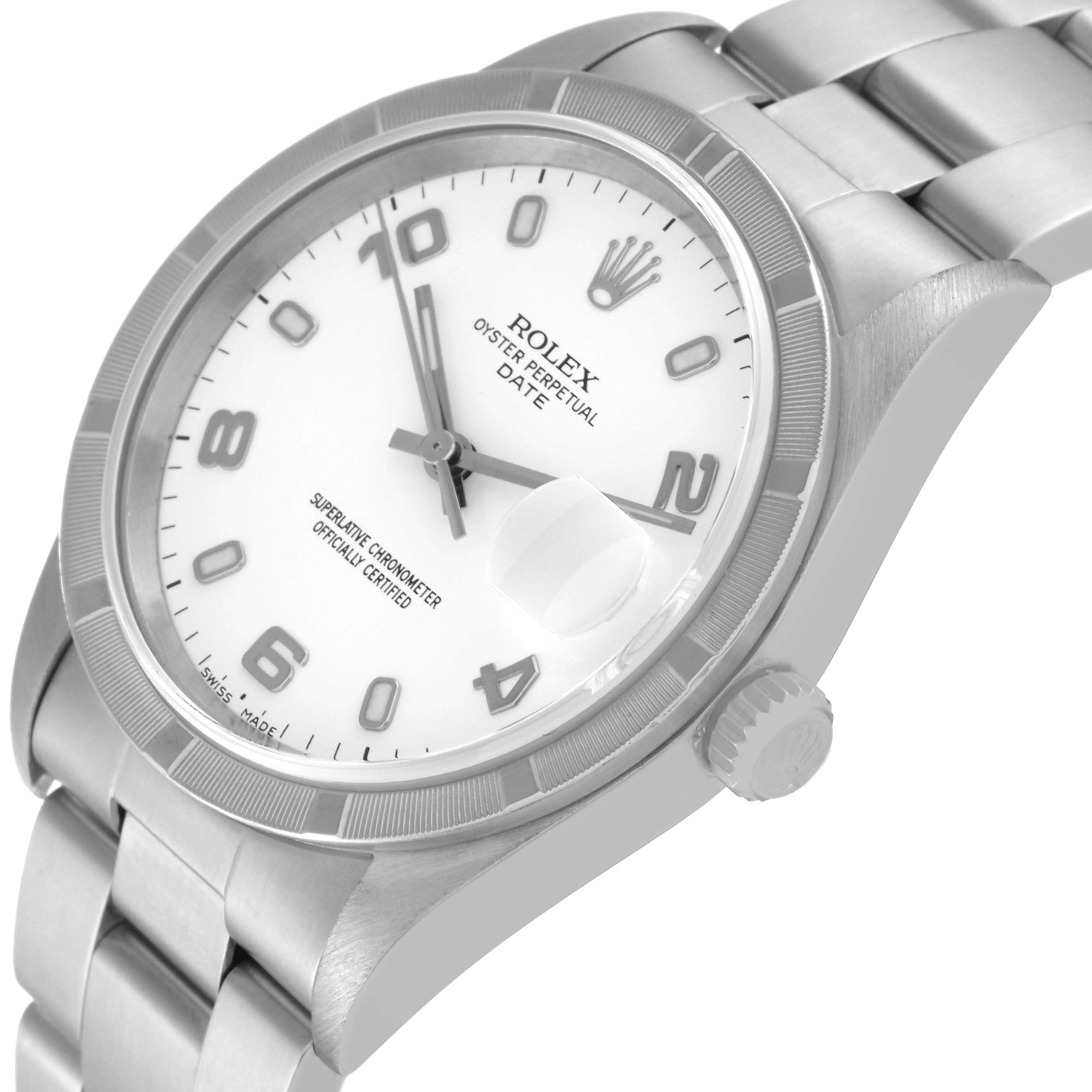 This image shows a close-up angle of a Rolex Date 15210 Men's Stainless Steel White Dial 15210 Men's Stainless Steel White Dial model watch with a white dial and silver bracelet.
