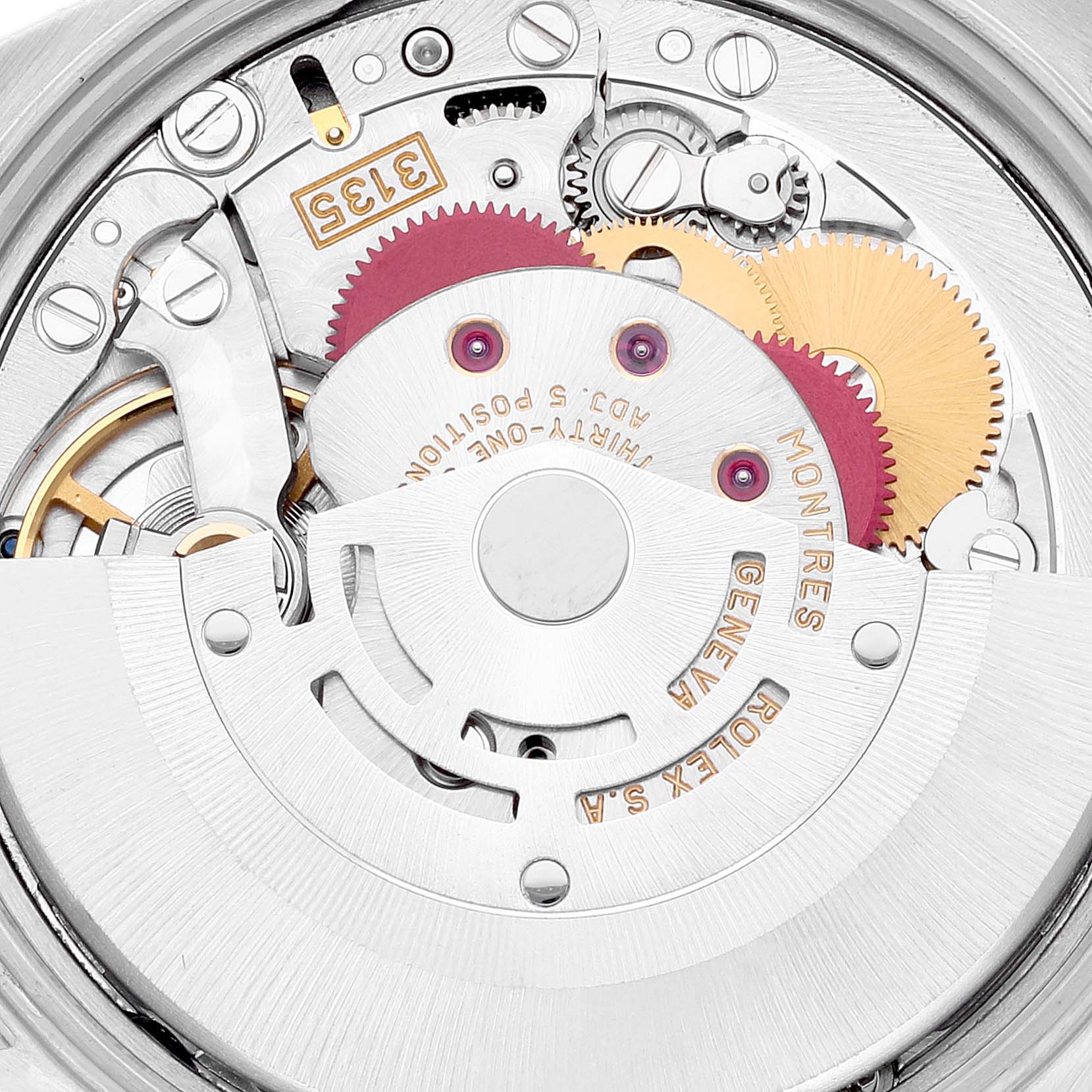 This image shows a close-up view of the intricate movement of a Rolex Date 15210 Men's Stainless Steel White Dial 15210 Men's Stainless Steel White Dial model watch.