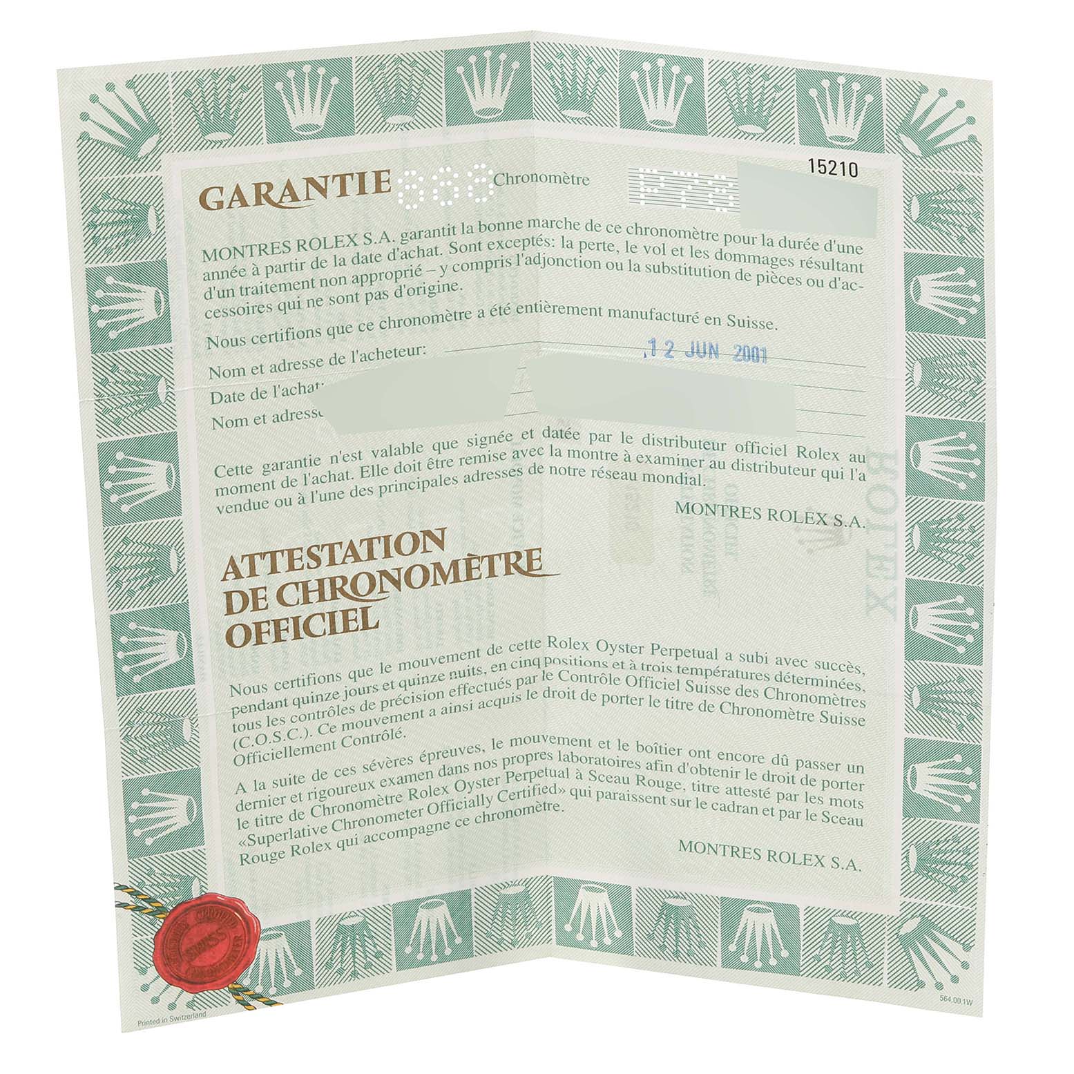 The image shows the warranty and official chronometer certification card for a Rolex Date 15210 Men's Stainless Steel White Dial 15210 Men's Stainless Steel White Dial model watch.