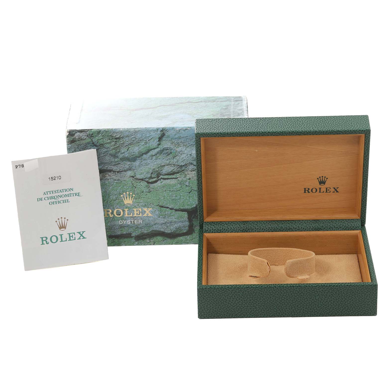 The image shows the packaging of a Rolex Date 15210 Men's Stainless Steel White Dial 15210 Men's Stainless Steel White Dial model watch, including a green box, an inner wooden case, and a certification booklet.