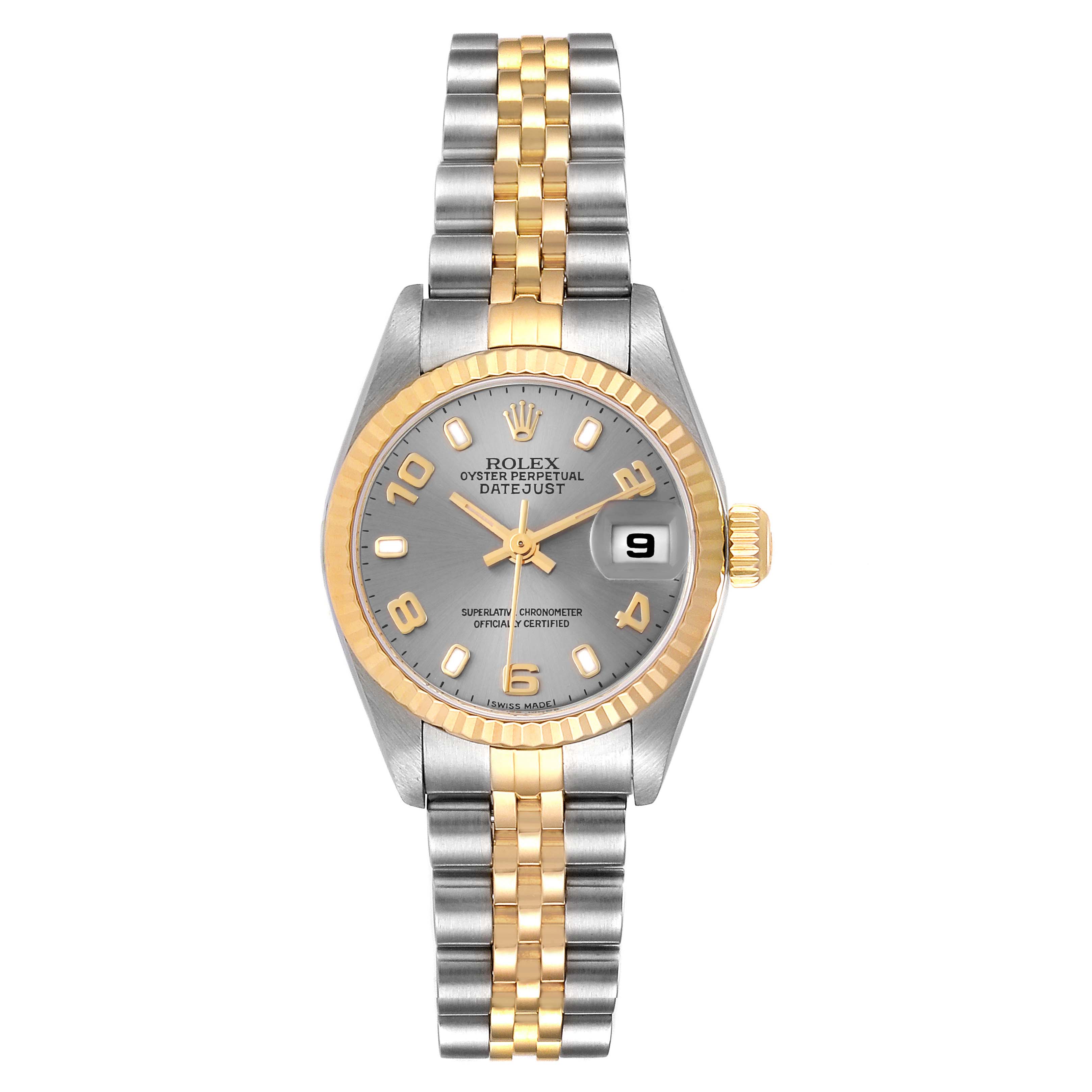 The image shows a front view of a Rolex Datejust 79173 Women's Steel and Gold (two tone) Grey Dial 79173 Women's Steel and Gold (two tone) Grey Dial watch, highlighting the dial, bezel, bracelet, and date window.