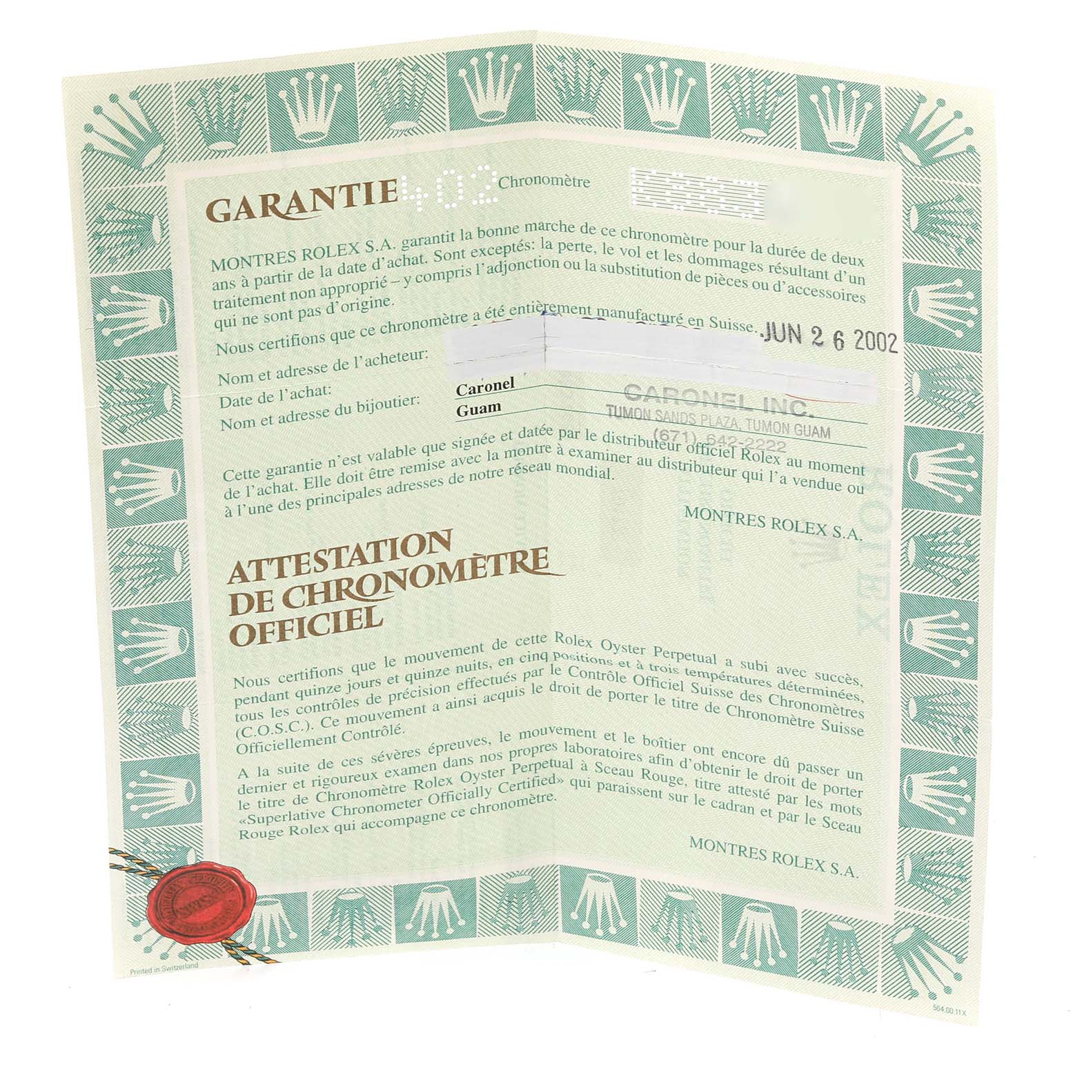 The image shows a warranty and certificate document for the Rolex Datejust 79173 Women's Steel and Gold (two tone) Grey Dial 79173 Women's Steel and Gold (two tone) Grey Dial watch.