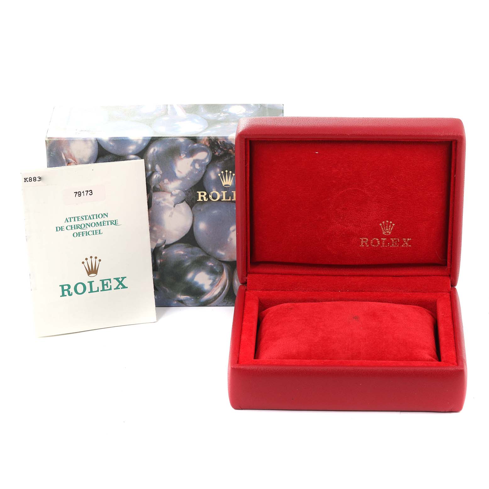 The image shows a Rolex Datejust 79173 Women's Steel and Gold (two tone) Grey Dial 79173 Women's Steel and Gold (two tone) Grey Dial watch box, a manual, and outer packaging from a front angle.