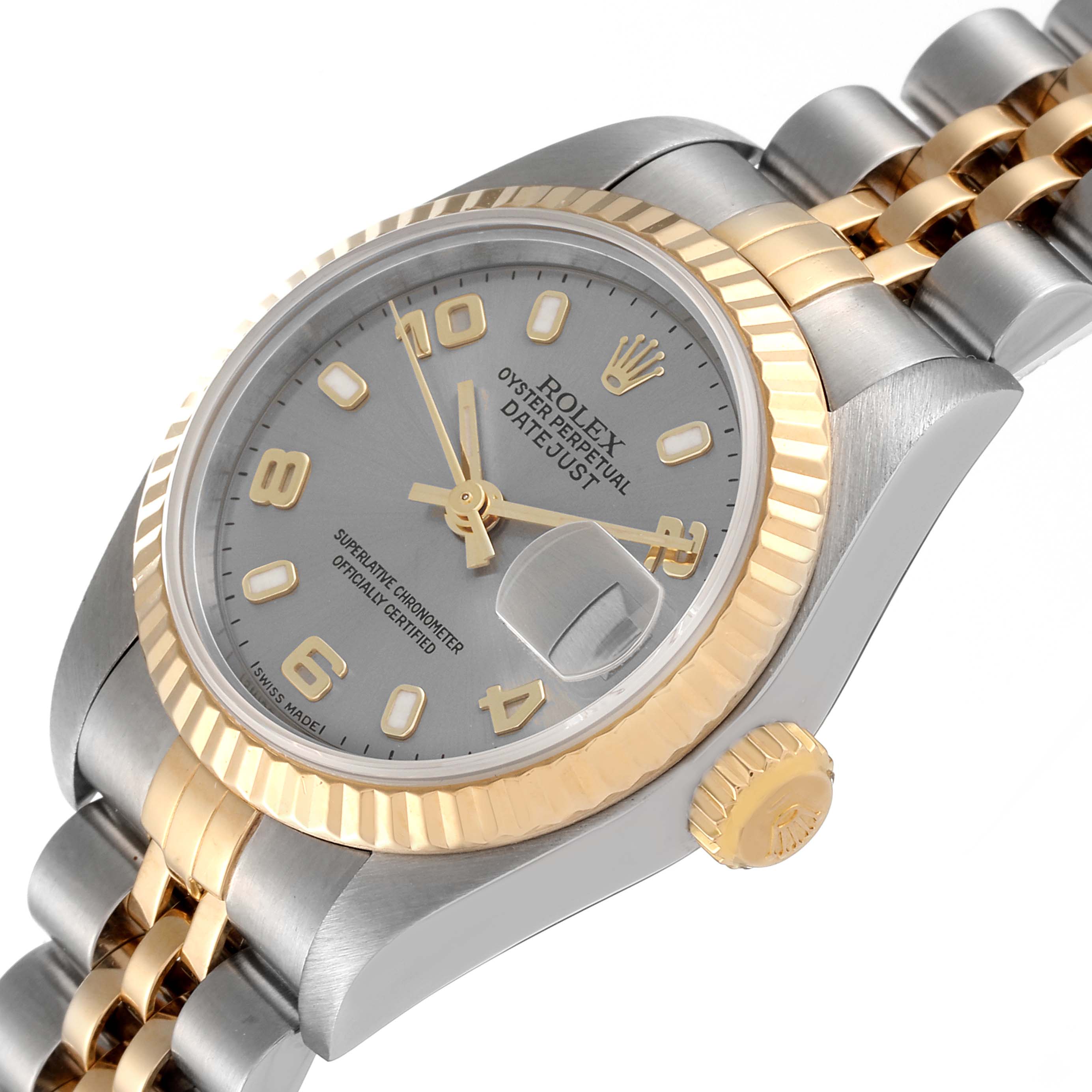 This image shows a side-angle view of the Rolex Datejust 79173 Women's Steel and Gold (two tone) Grey Dial 79173 Women's Steel and Gold (two tone) Grey Dial watch, highlighting its dial, bezel, crown, and bracelet.