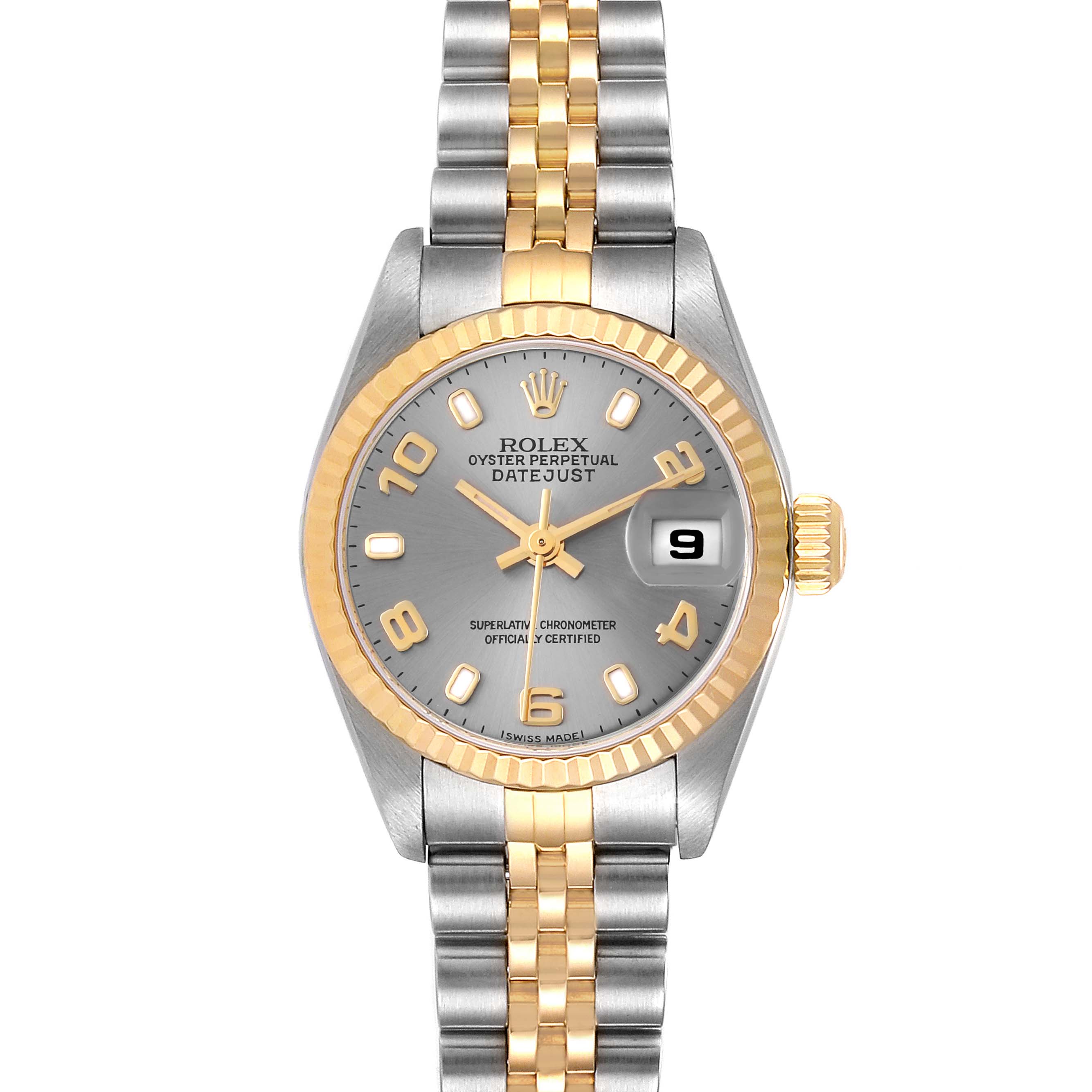This Rolex Datejust 79173 Women's Steel and Gold (two tone) Grey Dial 79173 Women's Steel and Gold (two tone) Grey Dial model is shown from a top view, displaying the face, bezel, crown, and bracelet.